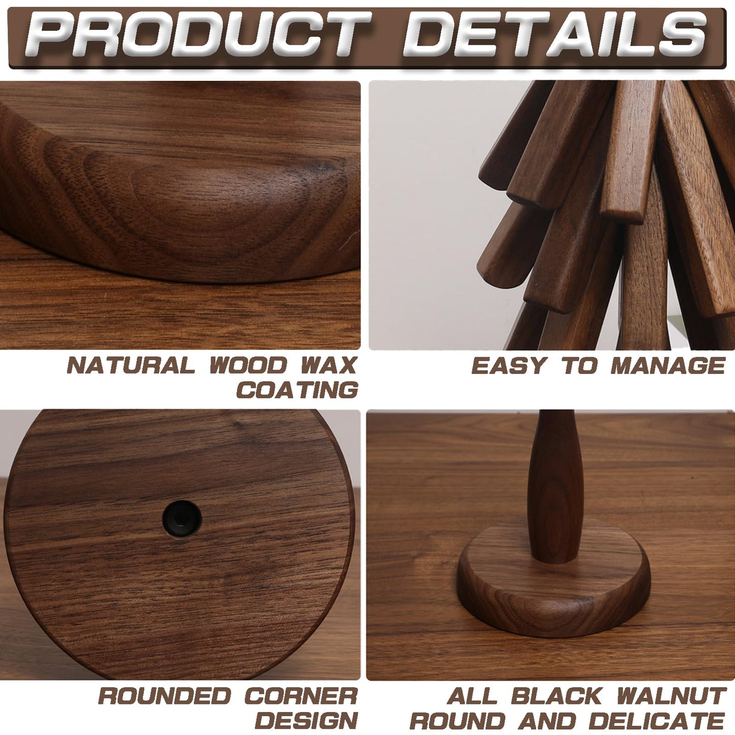 Natural Walnut Wood Trivets - Foldable Tree Hot Plate Mat Set of 3 for Kitchen, Multifunction for Hot Pots and Pans