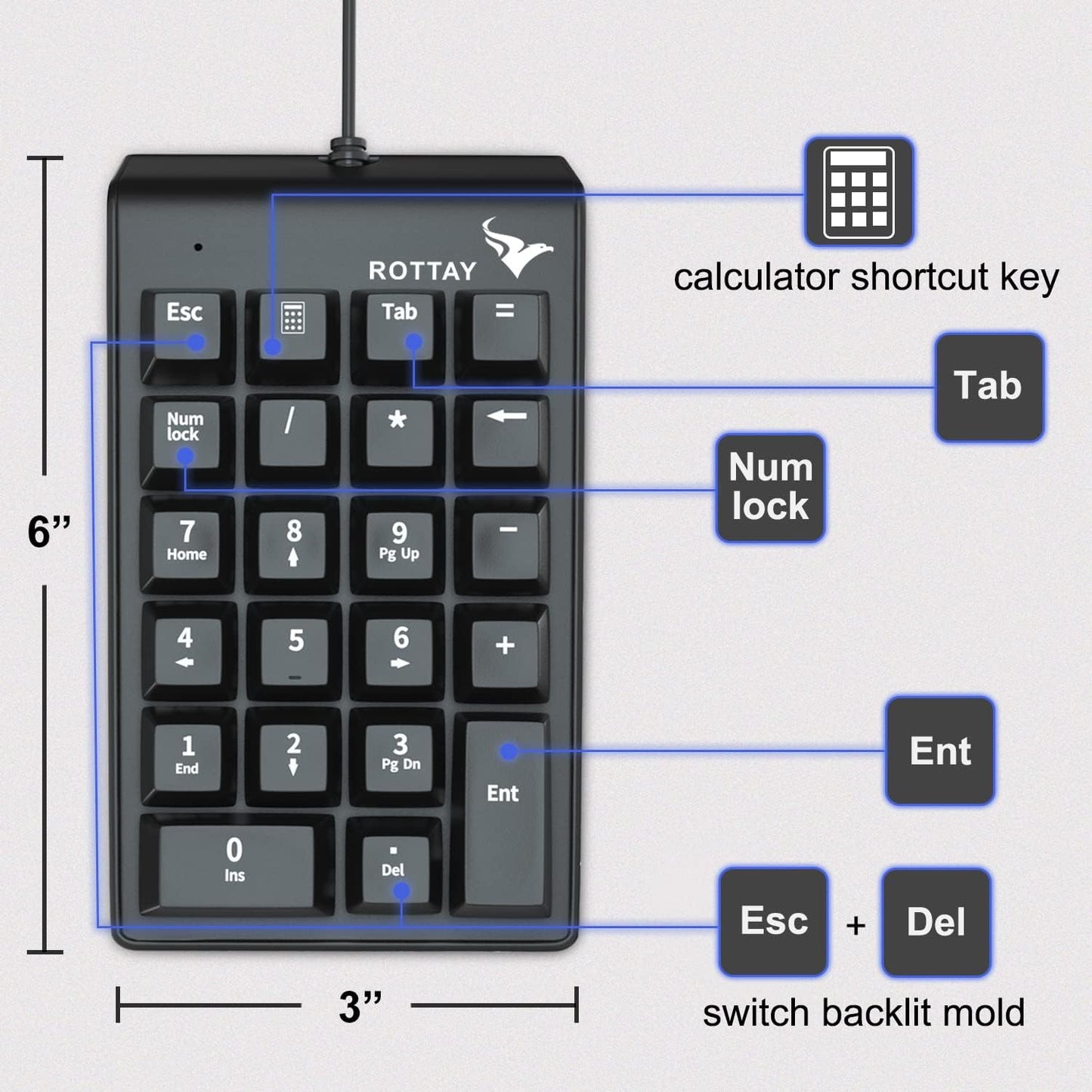 Rottay 22 Number Pad, Mechanical USB Wired Numeric Keypad with Blue LED Backlit Key Numpad for Laptop Desktop Computer