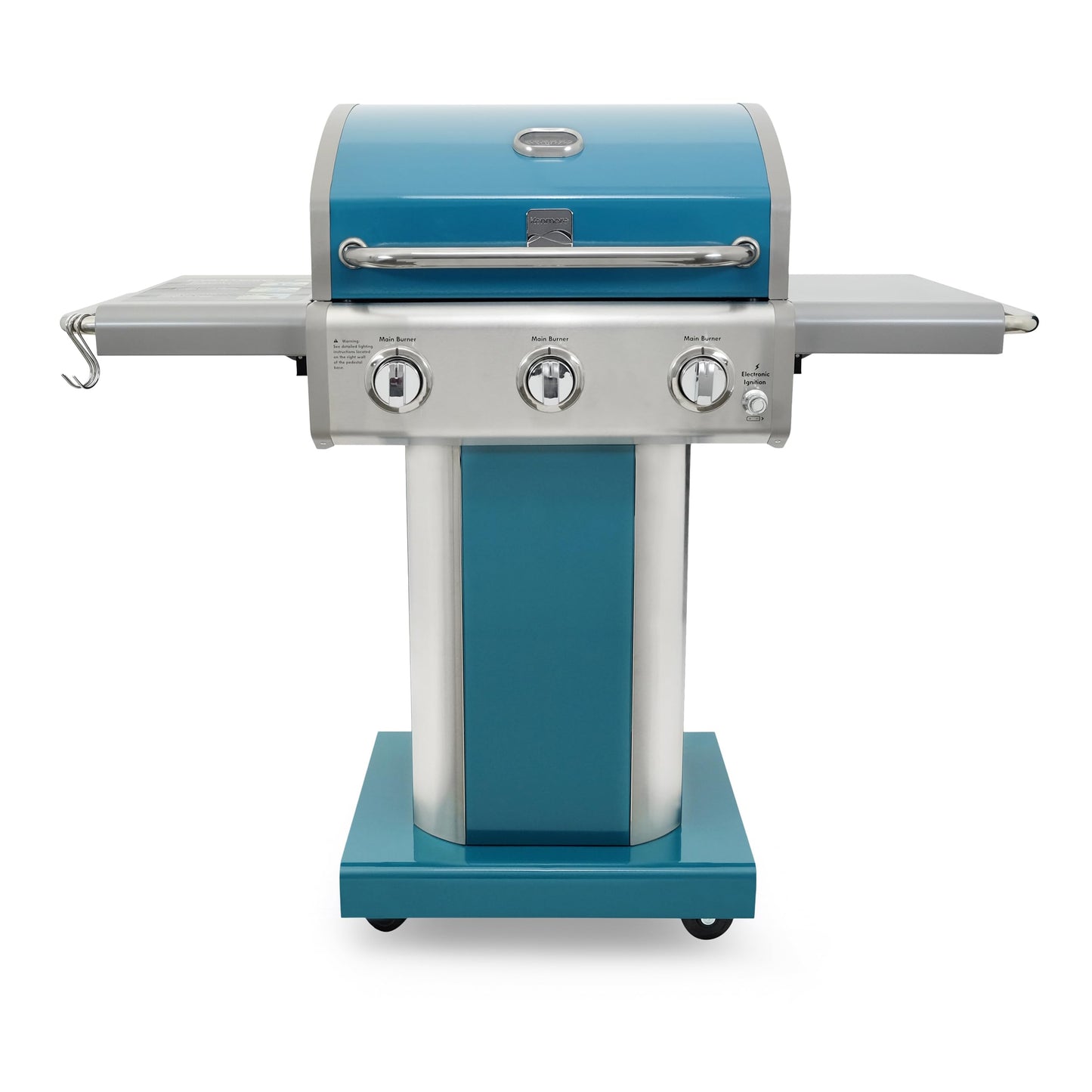 Kenmore 3-Burner Propane BBQ Grill, 30,000 BTUs Gas Grill with Cast Iron Cooking Grates, Folding Side Tables & Wheels, Outdoor Grill with Tool Hooks, Teal
