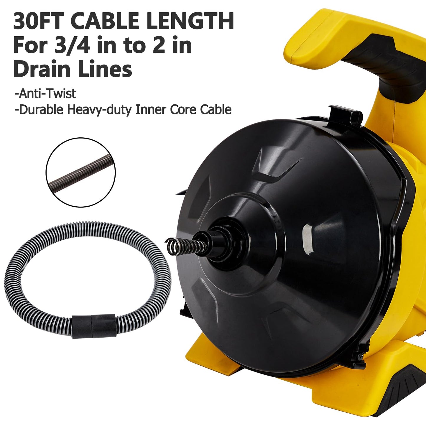 TROPOW Drain Cleaner Machine 30Ft, Auto-feed Electric Drain Auger for 3/4In - 2In Pipes, Cable in Piano Wire with Foot Switch, Sewer Snake for Sinks, Toilets, and Floor Drains