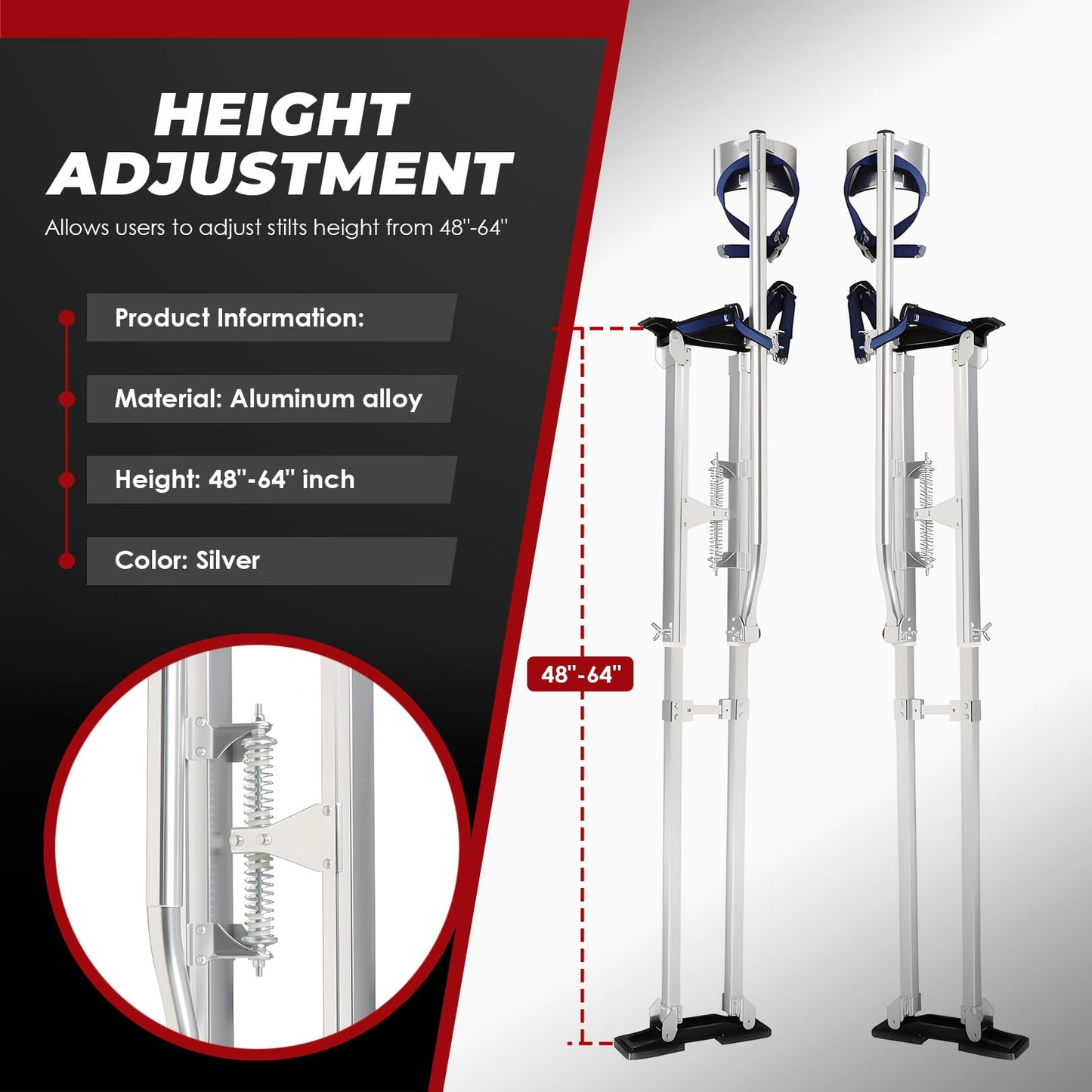 Nakkaa 48-64 Inch Adjustable Aluminum Drywall Stilts for Heavy-Duty Work Stilts for Sheetrock Exterior Wall Painting Construction (Silver,48"-64" Inch)