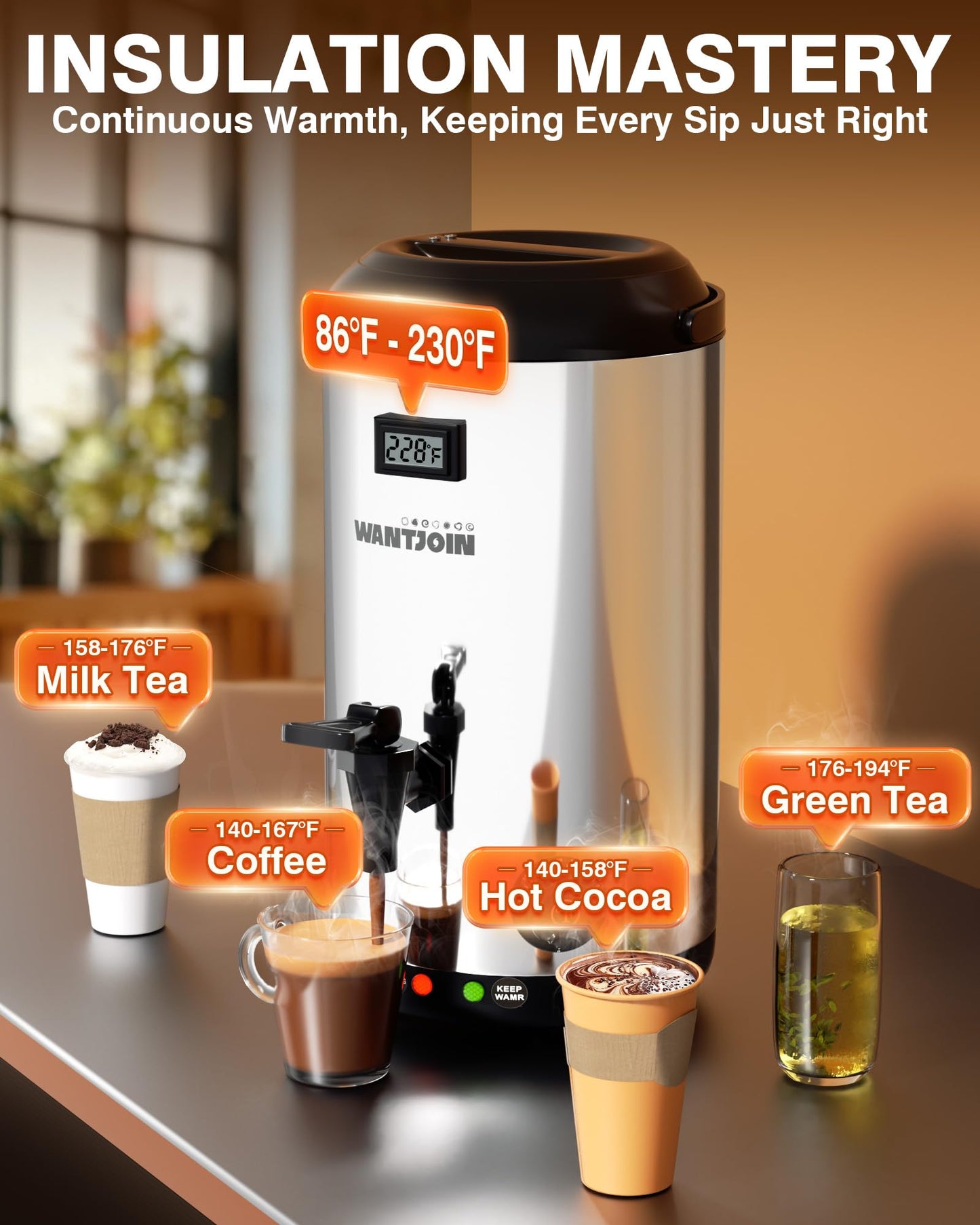 WantJoin Electric Heating Beverage Dispenser-75 Cup Hot&Cold water Urn for Catering-Stainless Steel Premium 12 L/3.2 Gallon Hot Drink Dispenser with Spigot for Coffee & Hot tea,Cold Milk,Juice(Silver)