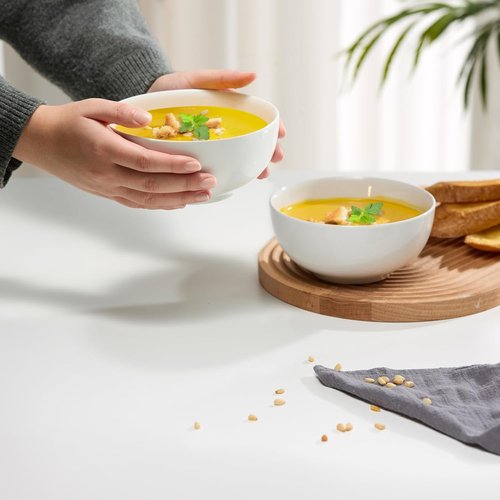 KooK Ceramic Cereal Bowls - Microwave & Dishwasher Safe Porcelain Dishes | 24 oz Deep Interior, Marshmallow White (Set of 4)
