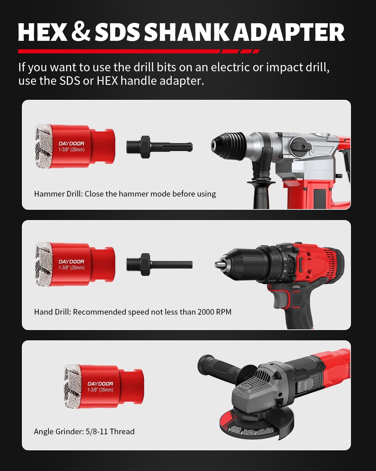 DAYDOOR Diamond Hole Saw Kit, 11-PieceTile Hole Saw Kit 1/4" 5/16" 4/5" 1" 1-3/8" 2" 2-1/2" 4",Vacuum Brazed Core Drill Bits for Porcelain Tile, Granite, Marble, Stone(Red)