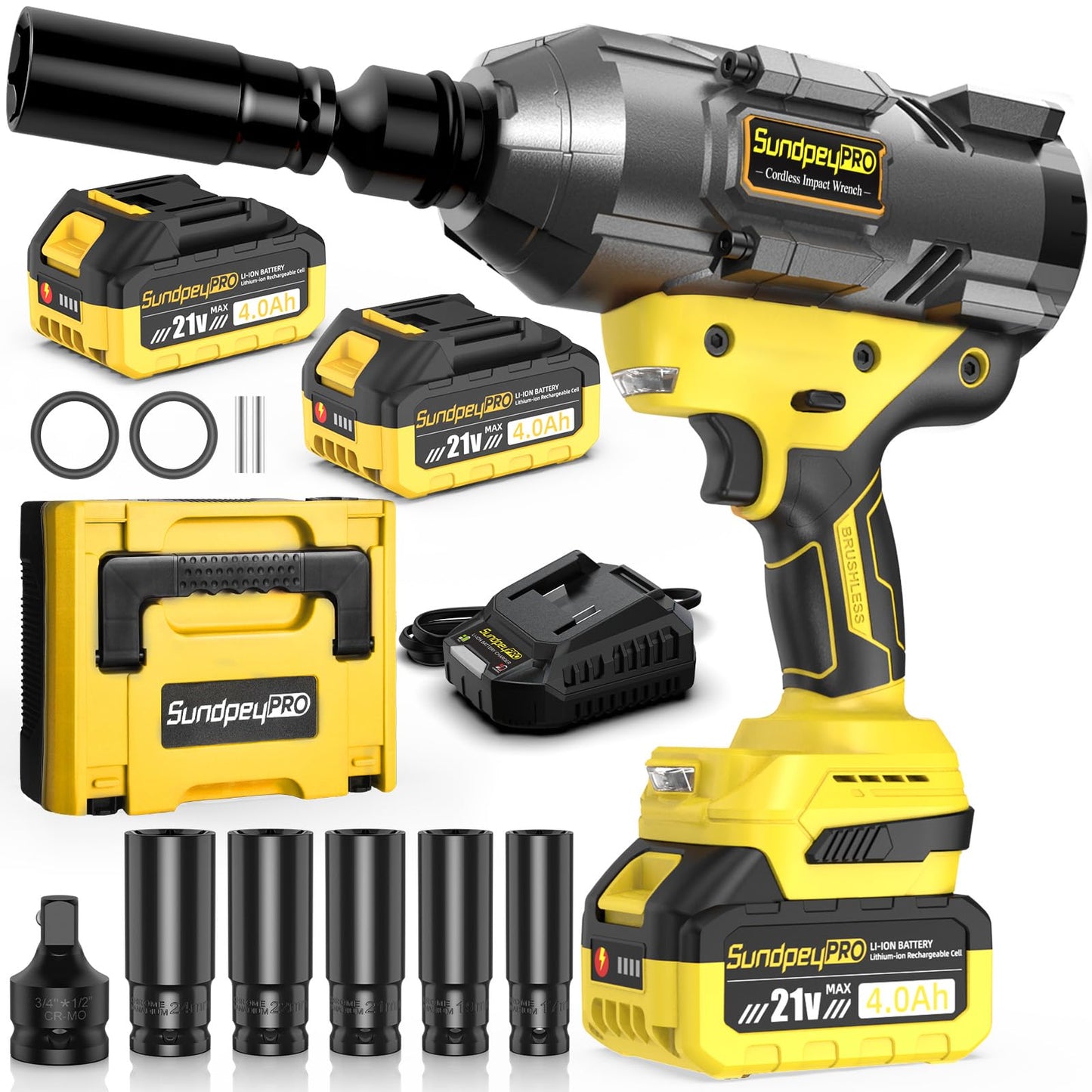 SundpeyPRO 21V Cordless Impact Wrench - 1600Ft-lbs(2100N·m) Heavy Duty High Torque Brushless 3/4 Impact Gun with 2 x 4.0Ah Batteries & Fast Charger 3/4" to 1/2" Adapter & 5 Sockets for Car Industrial