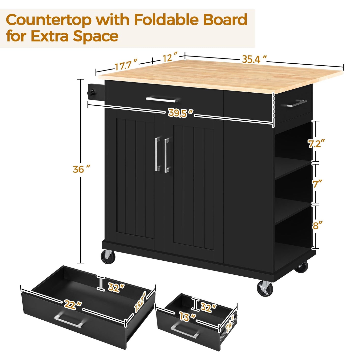Yaheetech Rolling Kitchen Island Cart with Drop Leaf, Portable Rubberwood Breakfast Bar with Storage Cabinet, Open Shelves & Detachable Towel, 2 Drawers, Black