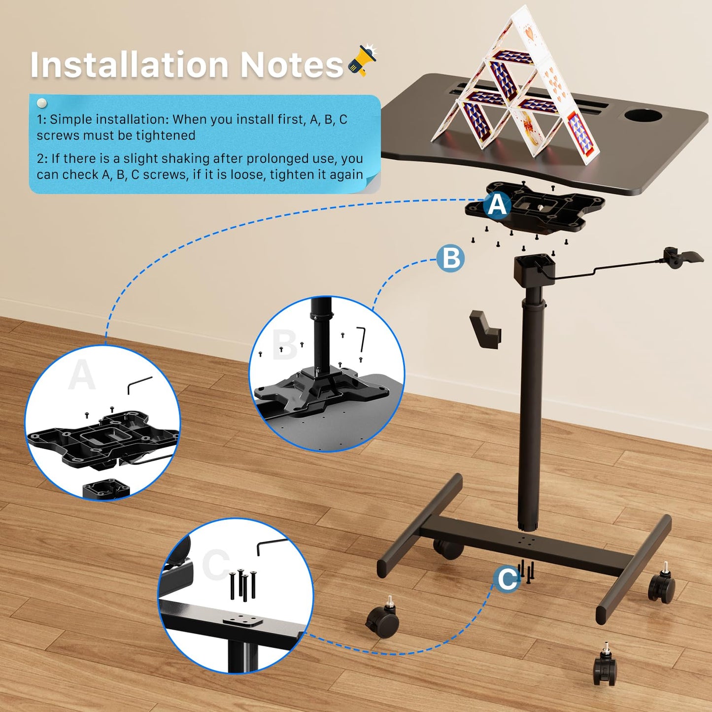 JYLH JOYSEEKER Mobile Standing Desk, 28 inch Rolling Standing Laptop Desk with Cup Holder, Mobile Desk Workstation with Wheels, Portable Computer Desk Cart with Hook for Home Office, Black