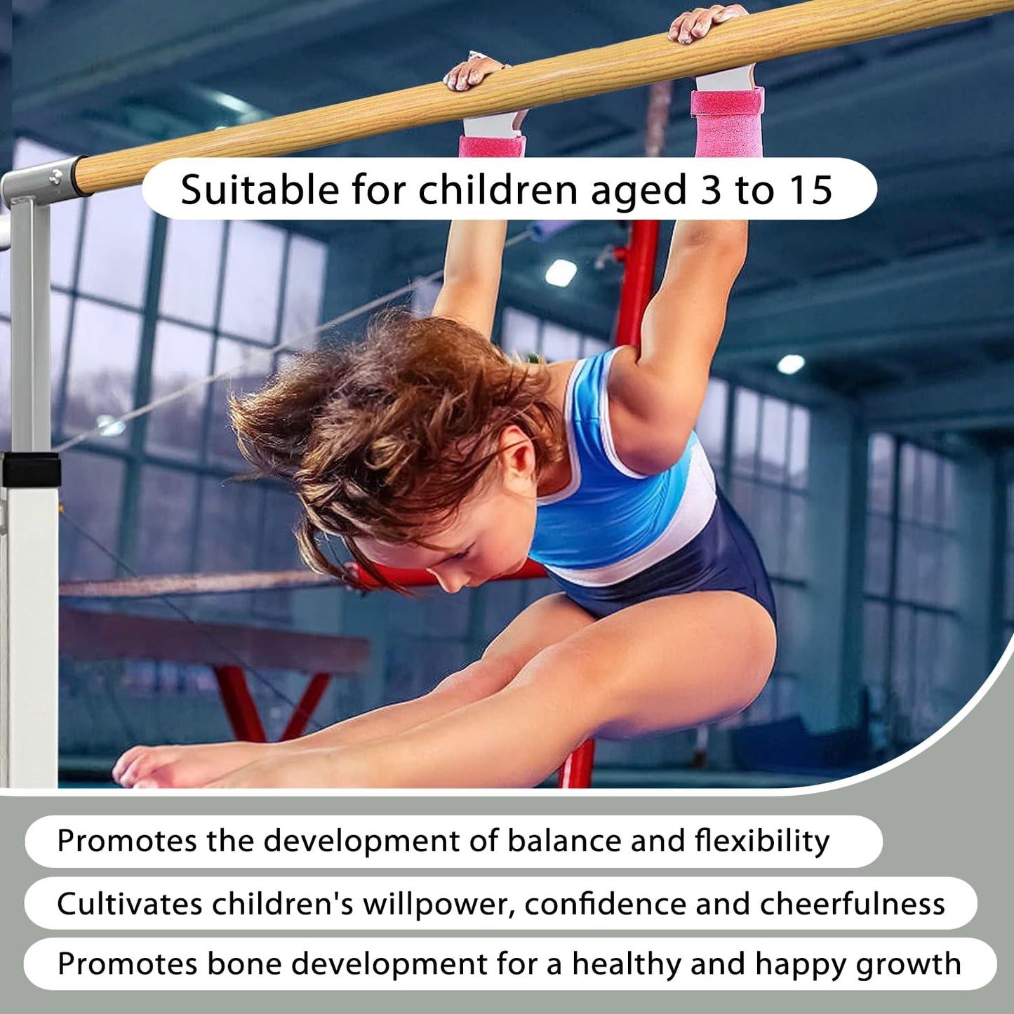 XDEMODA The Latest Model Gymnastics Bar for Kids Ages 3-15 for Home, Anti-Slip, Easy to Assemble, 35” to 55” Adjustable Height Gymnastic Horizontal Bars Equipment (Gym bar, White)