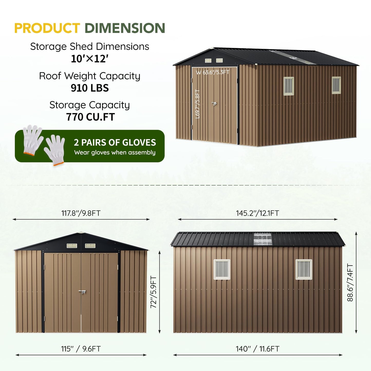 Breezz 10x12 FT Outdoor Storage Shed with Skylight Roof Panels, Metal Garden Tool Shed with Lockable Doors and Windows, Large Utility Shed for Patio Backyard Storage, Brown