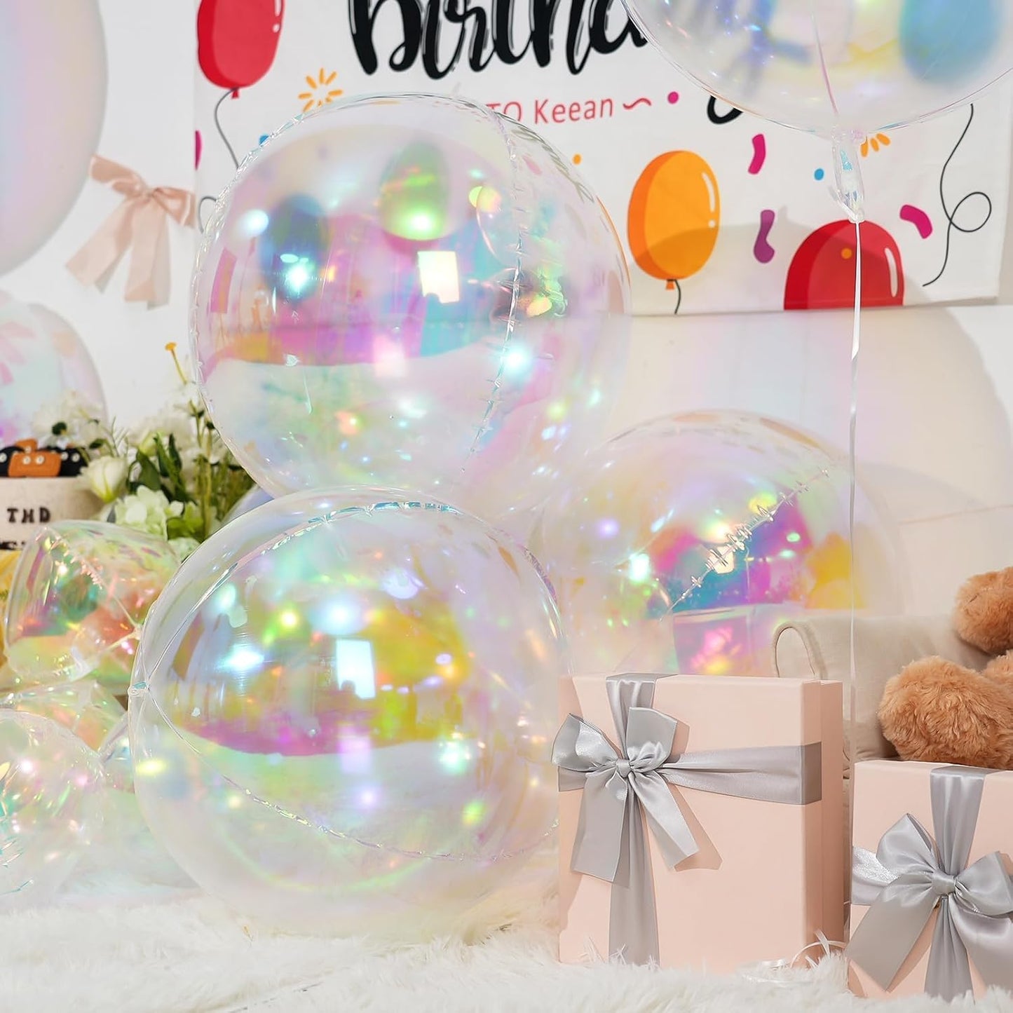 Skiennix 12Pcs Iridescent Round Foil Balloons - Holographic 4D Clear Balloons for Birthday & Wedding Decor