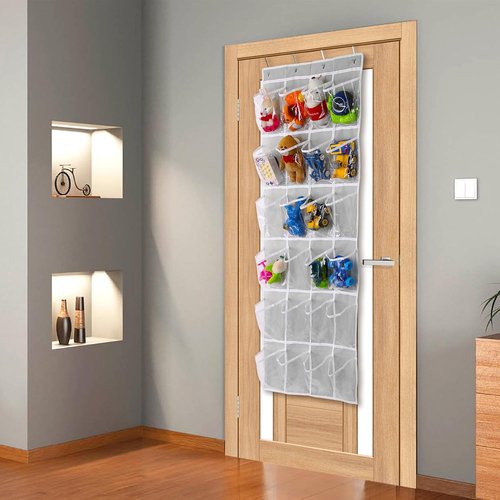GOMAJI Over The Door Shoe Organizer - 24 Pocket Space-Saving Storage Holder, Gray (64" X 19")