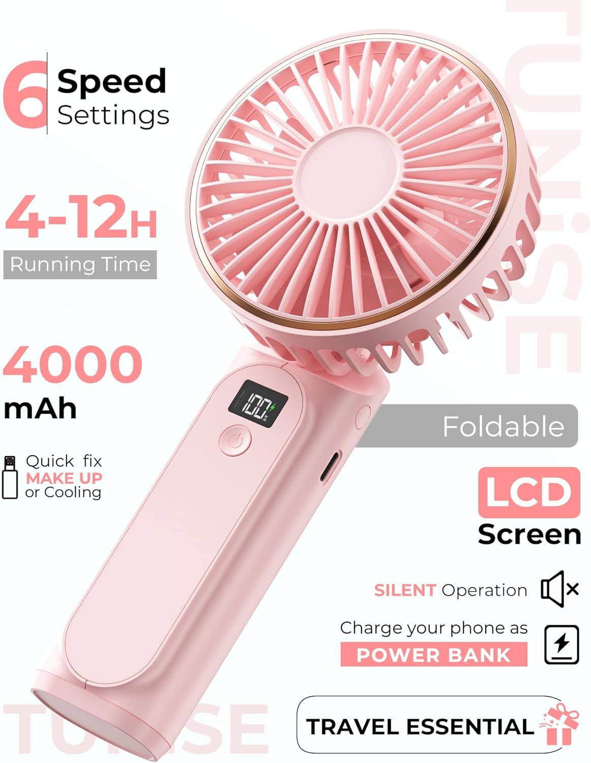 TUNISE Portable Handheld Fan - USB Rechargeable, 4000mAh Battery, 6 Speed Settings, 180° Adjustable