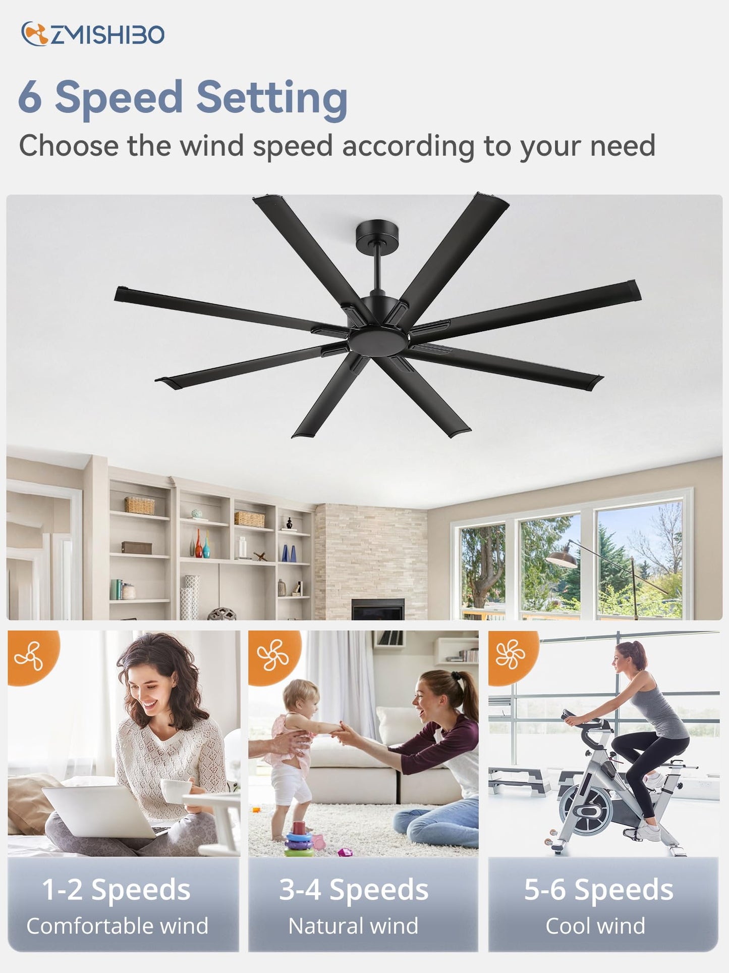 ZMISHIBO 72 Inch No Light, Large Industrial Ceiling Fan with 8 Aluminium Blades, Quiet DC Motor, 6 Speeds, Modern Ceiling Fan without Light for Garage/shop/living room,Black