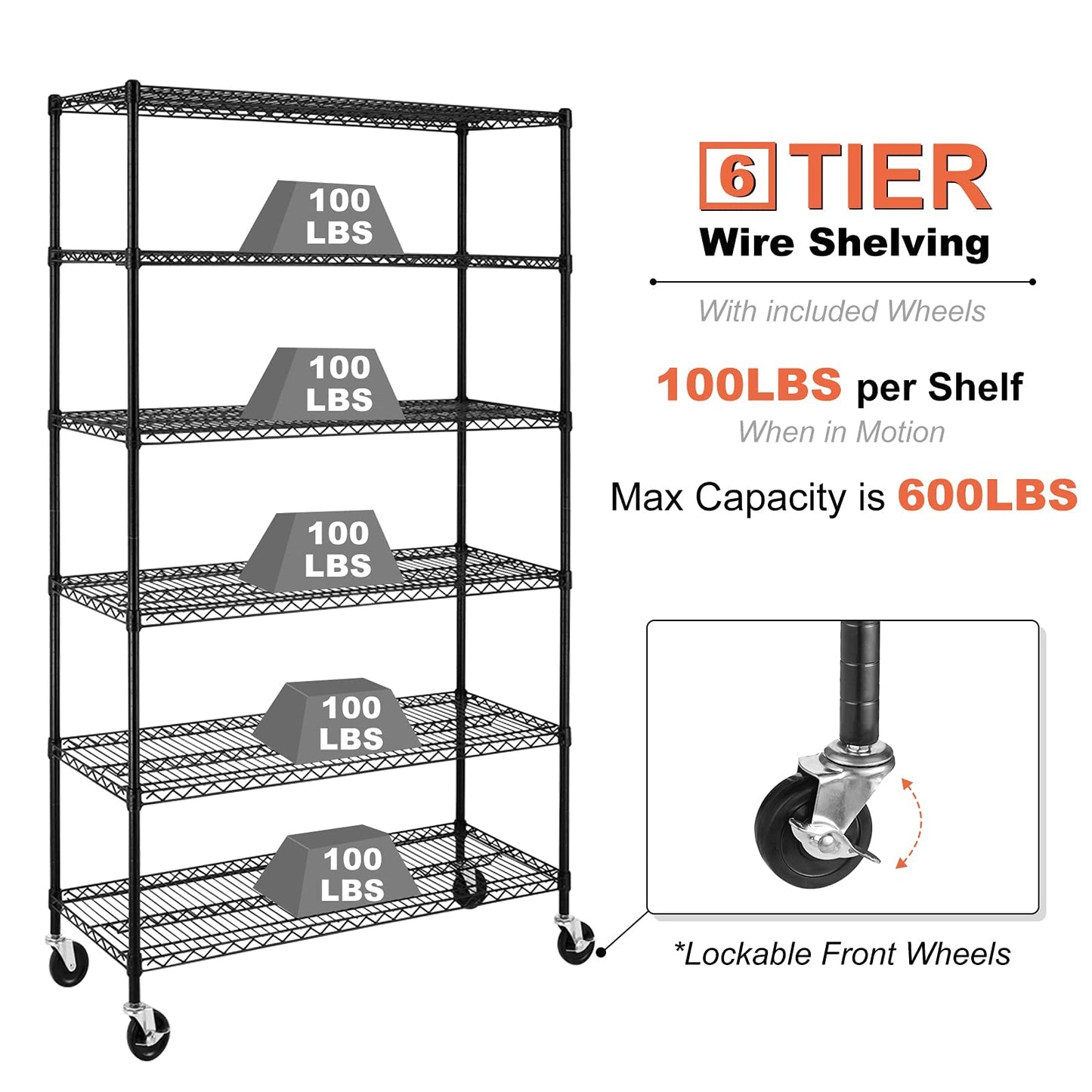 Meet perfect 6-Tier Wire Shelving Unit with Wheels, 72" H x 48" W x 18" D Heavy Duty Metal Shelf, 6000LBS Capacity Adjustable Utility Storage Rack for Garage Pantry Kitchen Warehouse