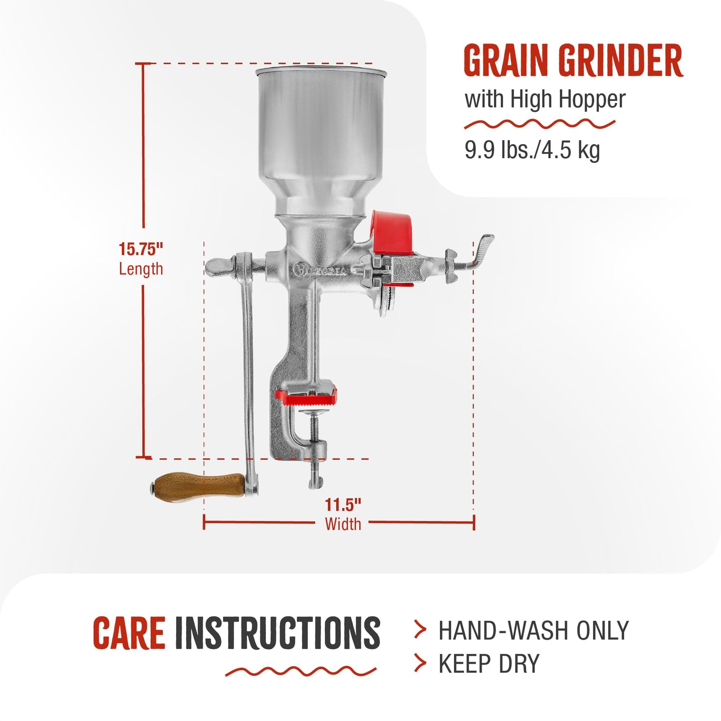 Victoria Manual Cast Iron Grain Mill with High Hopper, Premium Corn-Grinding Mill and Grain Grinder, Made in Colombia