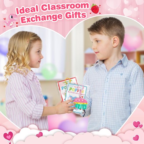 Jyusmile Valentines Day Cards for Kids School - 24 Pack Assorted Pop Fidget Keychains Bulk, Valentine's Day Gifts for Kids Classroom Exchange, Valentine Cards Party Favors for Boys Girls