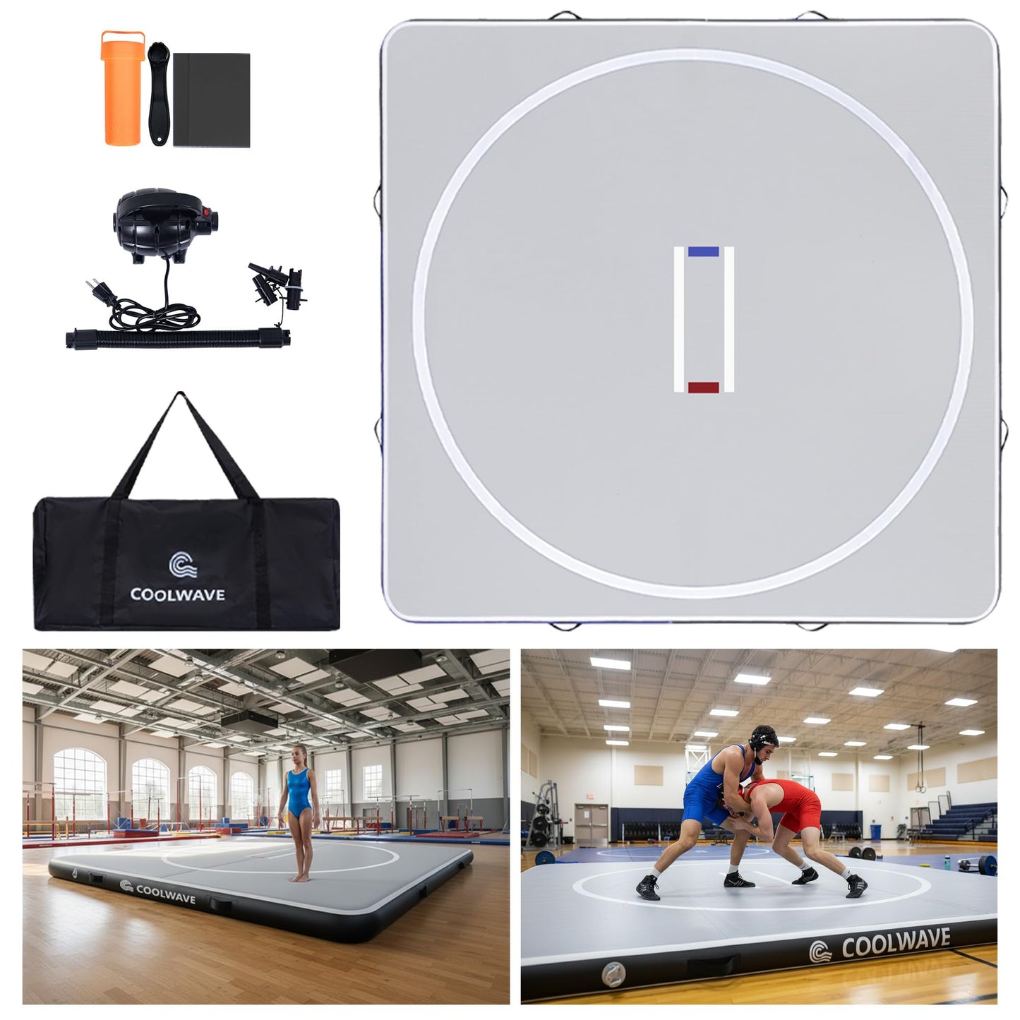 COOLWAVE Inflatable Wrestling Mat and Jiu Jitsu Mats for Home Gym or Outdoor Training, Great for BBJ, MMA, Martial Art, Grappling, Judo, Boxing, Yoga and More with Soft Landings and Good Bounce (Light Gray+Black, 10FT)