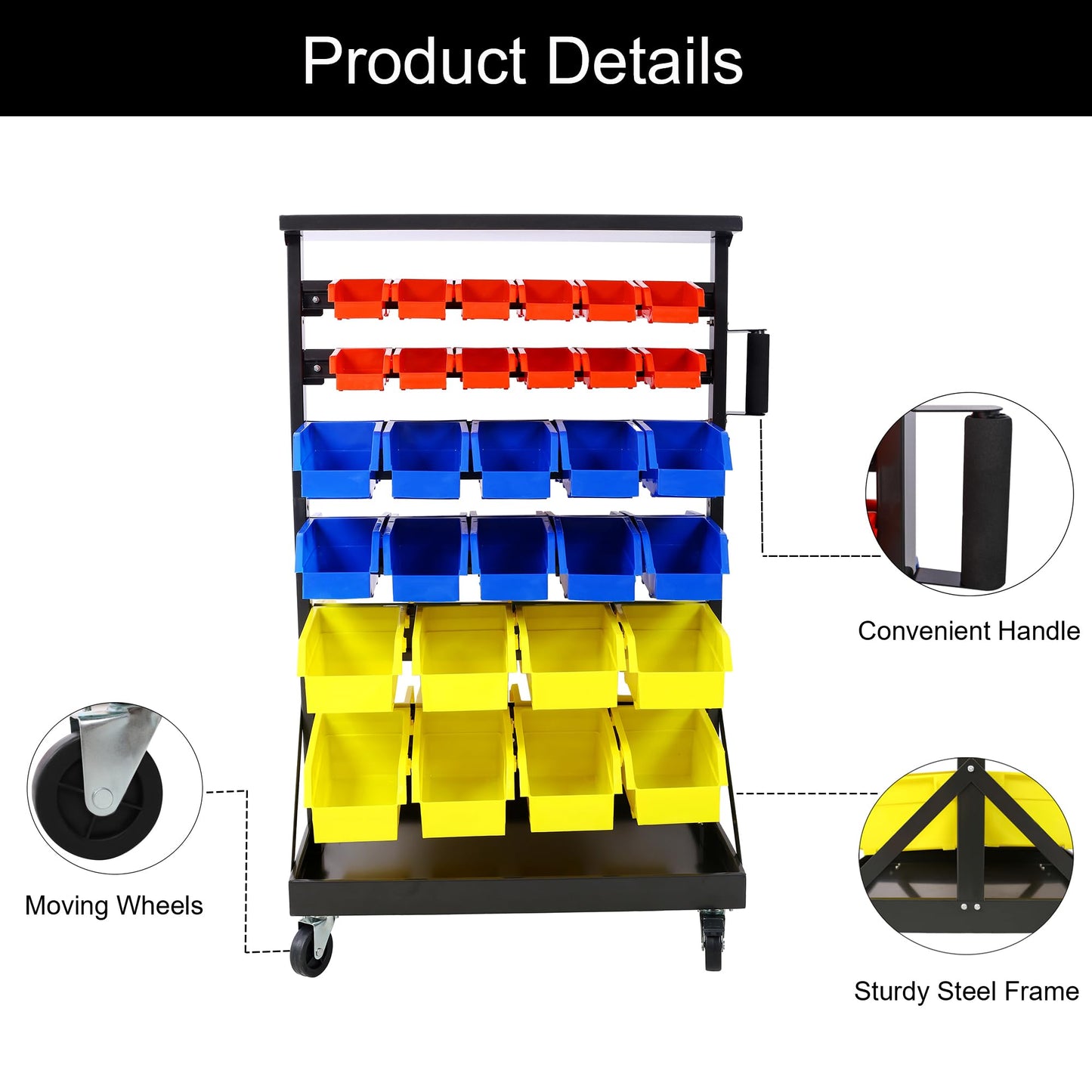 Veemuaro 6-Tier Rolling Bin Stroage Rack with 60 Bins, Dual-Sided Parts Organizer with Wheels and Top Tray, Heavy Duty Tool Storage Rack for Workshop, Garage, Utility Use