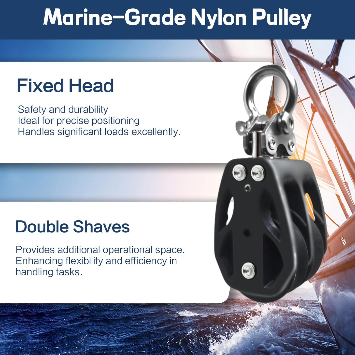 RiaYer 50mm Double Sheave Fixed Head Sailing Block, Marine Grade Pulley with T316 Stainless Steel Construction, 3100 lbs Breaking Load, Fits 1/2" (12mm) Line - Professional Boat Hardware-HL002