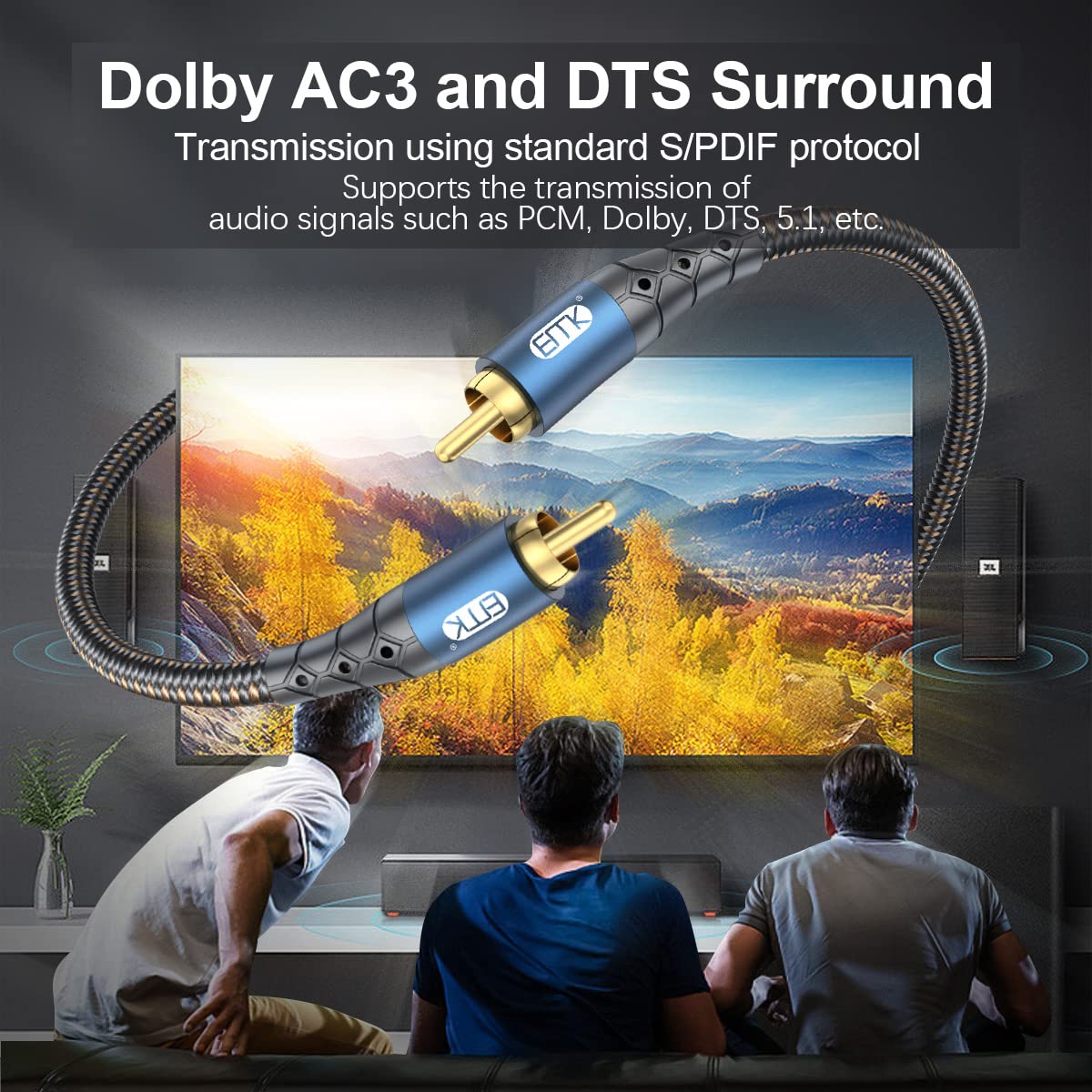 24K Systems,Subwoofer(25ft/8m) EMK Subwoofer Cable RCA to RCA Audio Cable Gold-Plated Nylon Braided Double Shielded