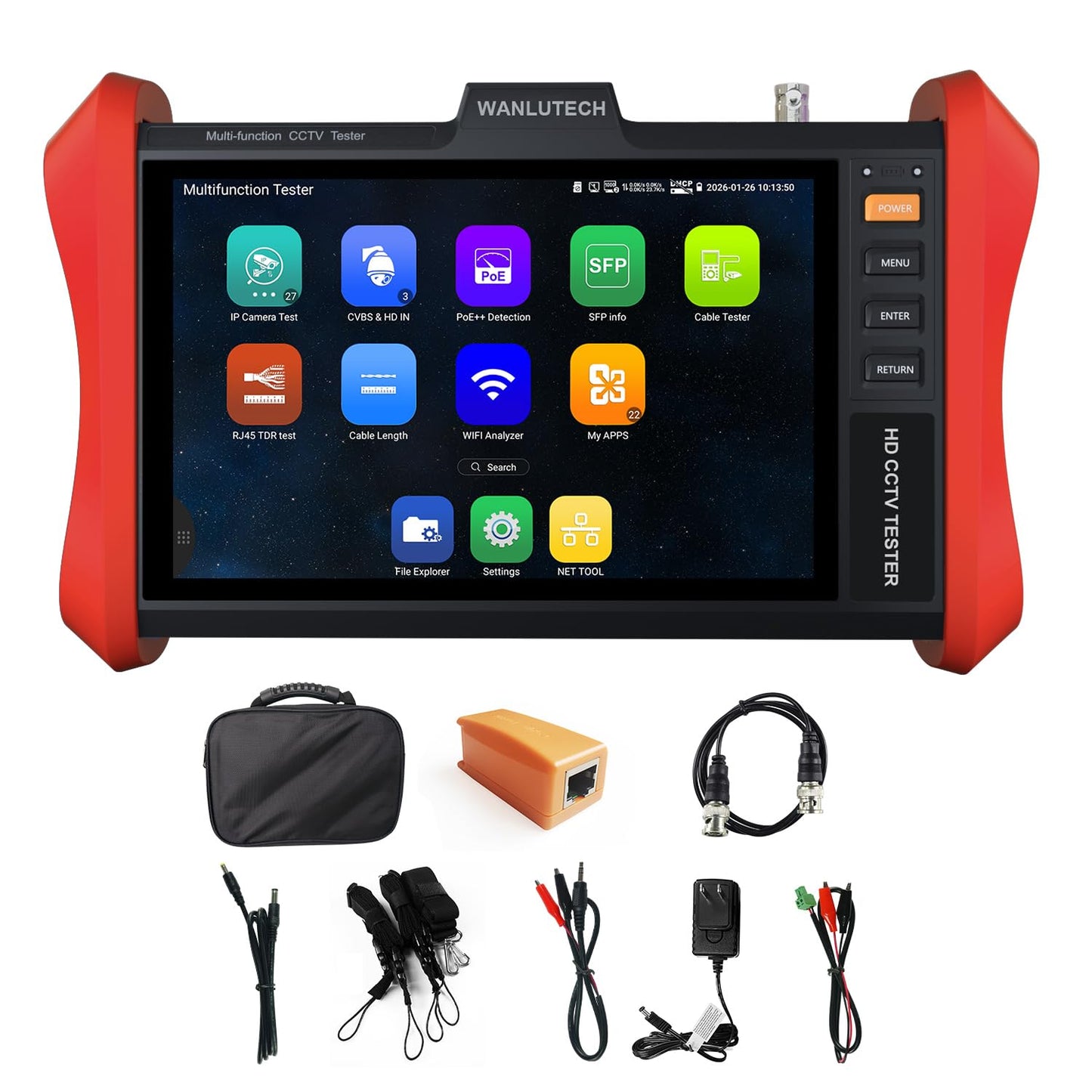 4K 12MP IP Camera Tester, WANLUTECH IPC Tester 90W PoE Power Output 8'' Touchscreen CCTV Test SFP Optical Fiber Module Port RJ45 Cable TDR Test HDMI VGA Input WiFi Network Tools (E88)