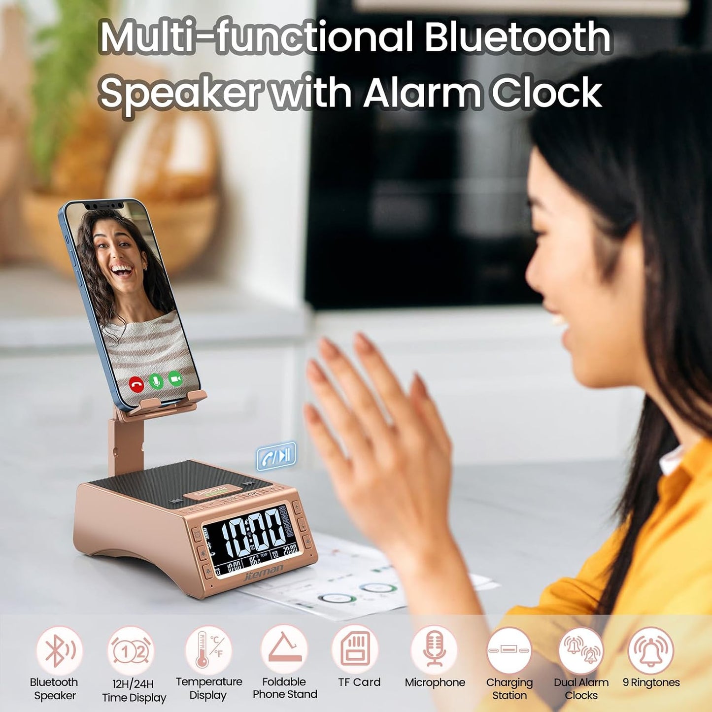 JTEMAN Gifts for Men Women,Cell Phone Stand with Wireless Bluetooth Speaker,Adjustable Cool Tech Kitchen Gadgets,Unique