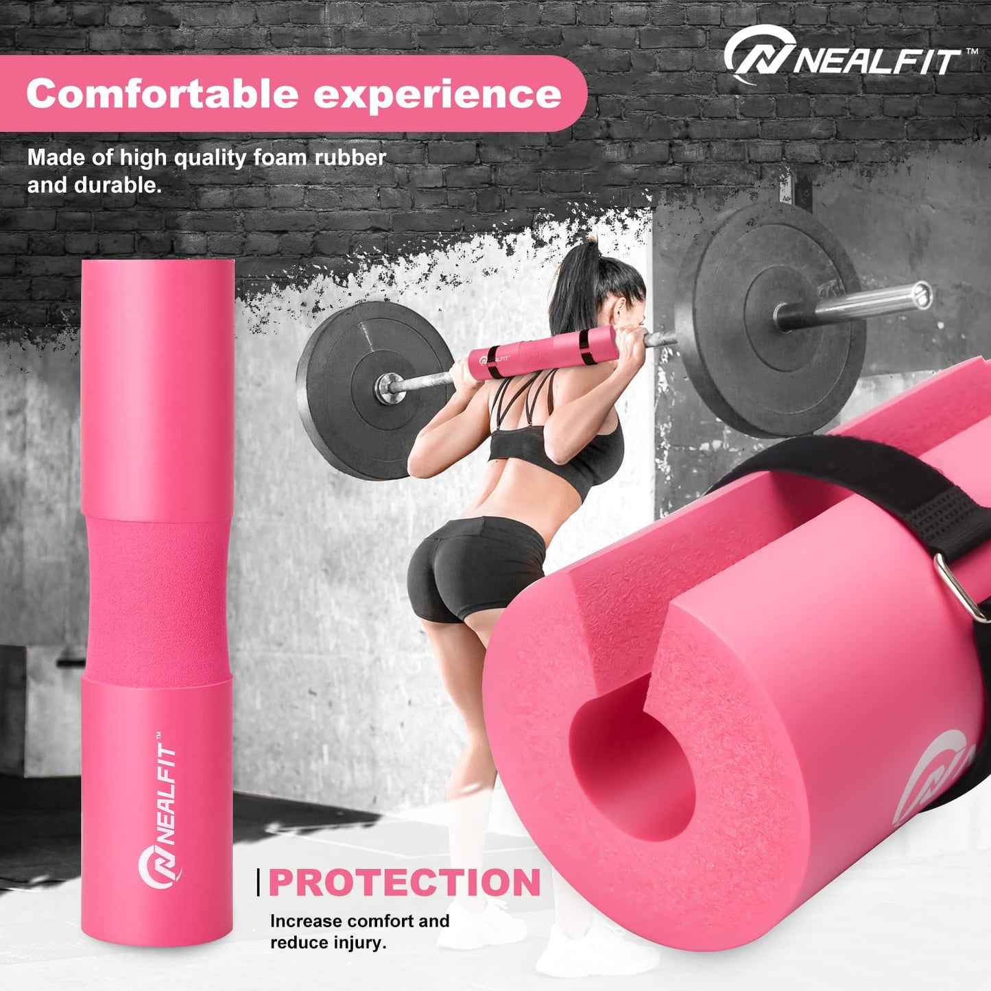 NEALFIT Barbell Pad Squat Pad for Squats—Squat Bar Pad—Great for Weightlifting,Lunges and Hip Thrusts—Foam Sponge Pad—Fit Standard and Olympic Bars Perfectly (Pink)