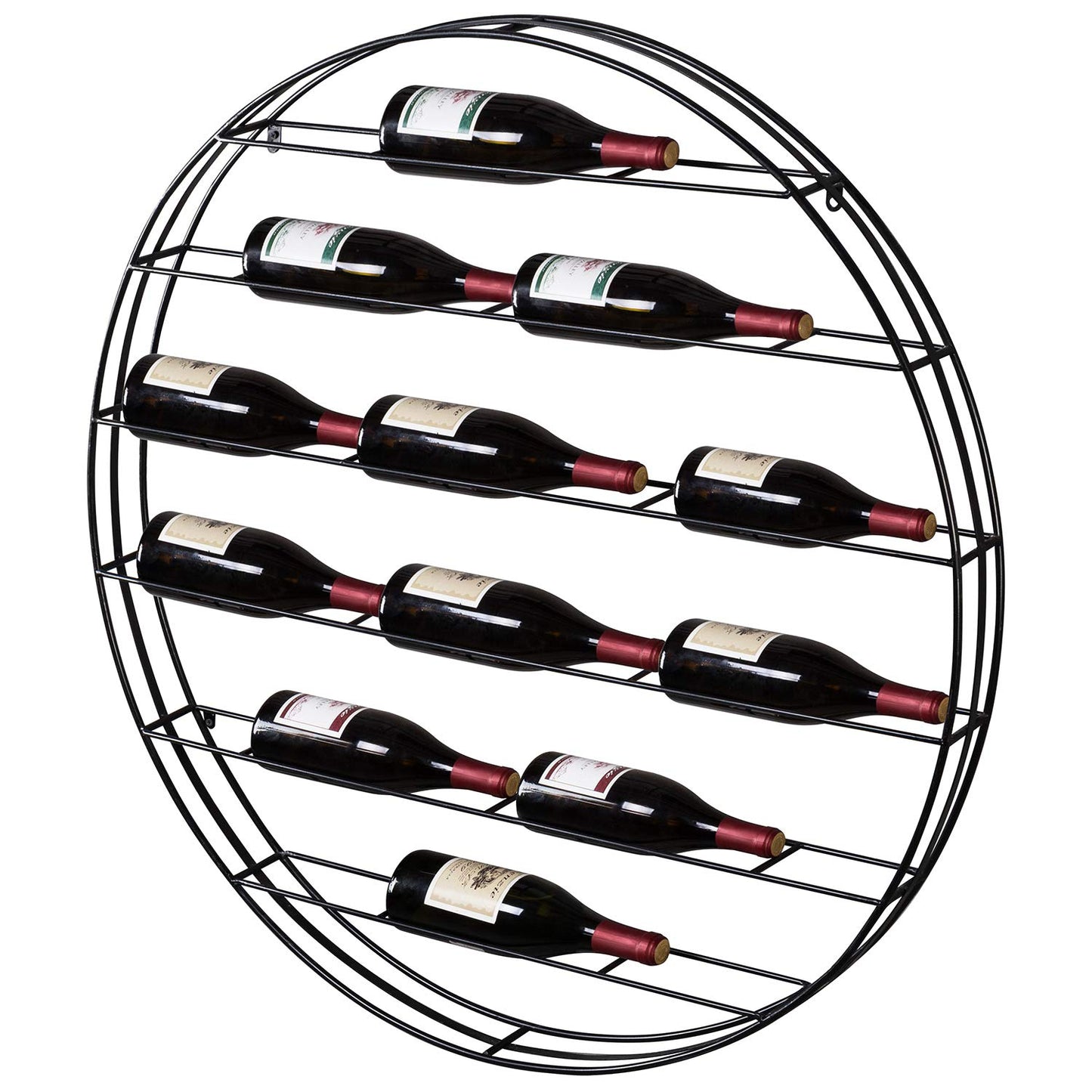 MyGift 12-Bottle Modern Black Metal Round Wall Mounted Wine Rack – 6-Tier Horizontal Storage Shelf for Kitchen, Living Room & Wine Cellar – Space-Saving Wall Decor & Cork Preservation