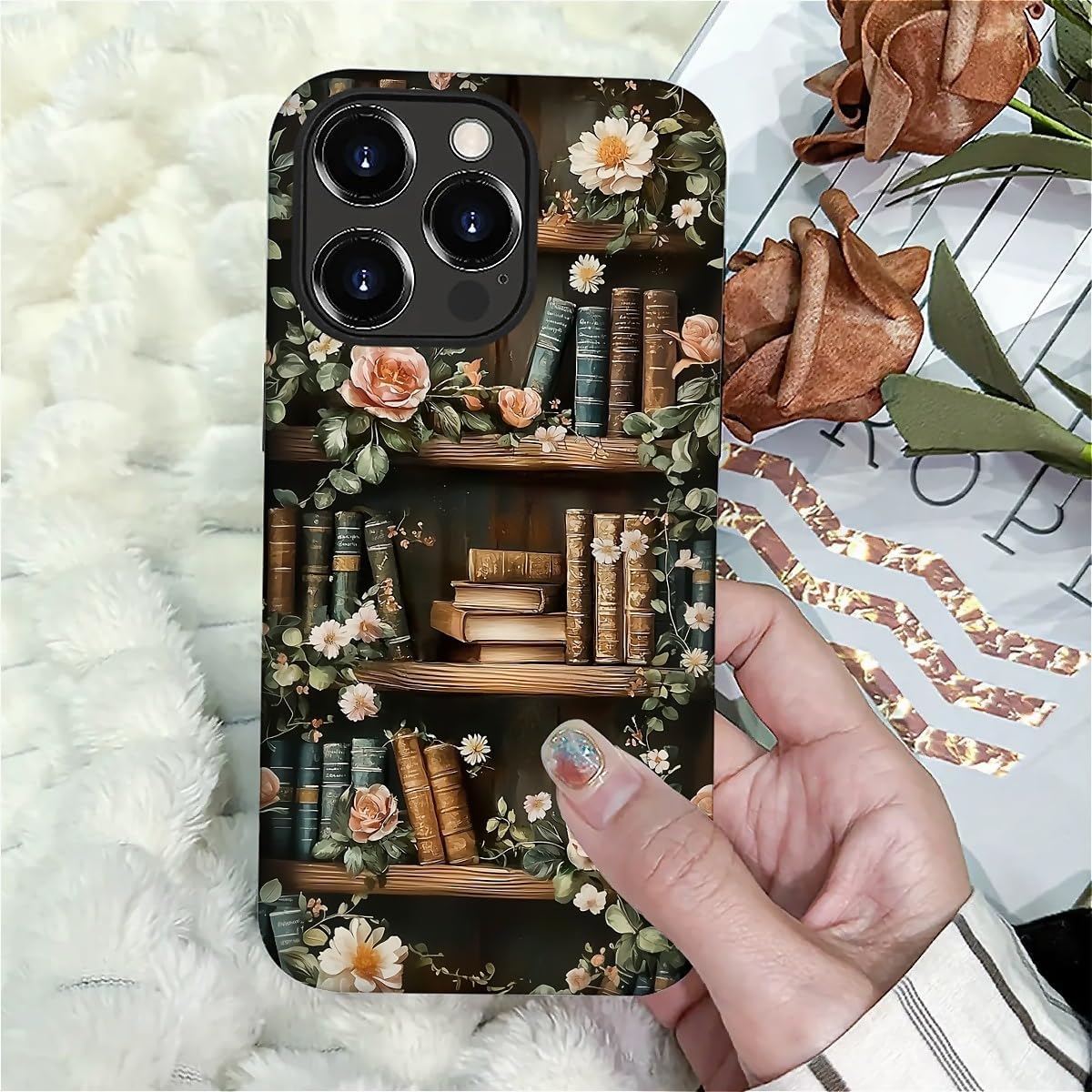 Akinmi 16 16 Case for iPhone Pro,Vintage Flowers Entwined Bookshelf Exquisitely Pattern Double Protective Phone Cover