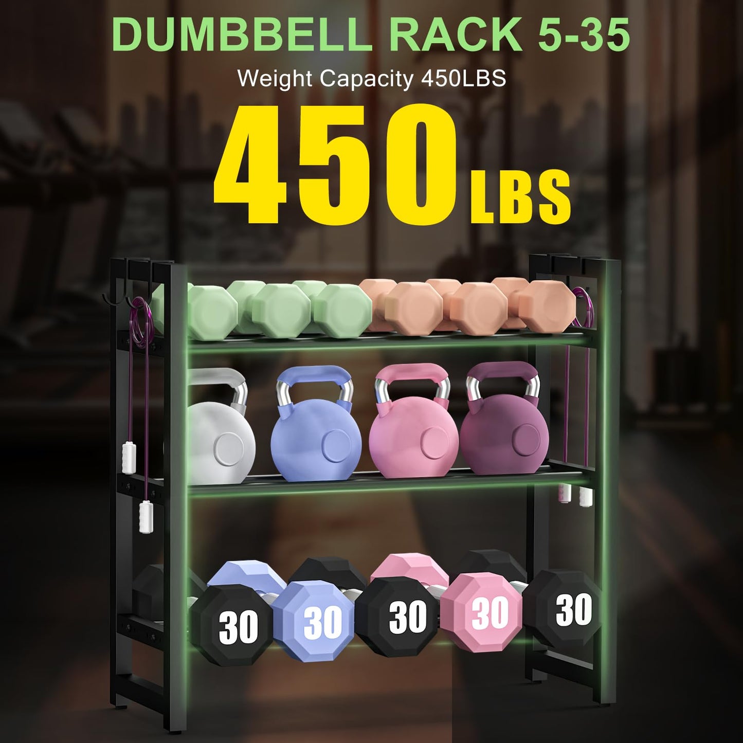 3-Tier Small Weight Rack for Home Gym, Adjustable Dumbbell Rack 450LBS Capacity with Side Hooks, Space Saving Workout Equipment Storage Organizer, Tool-free Assembly