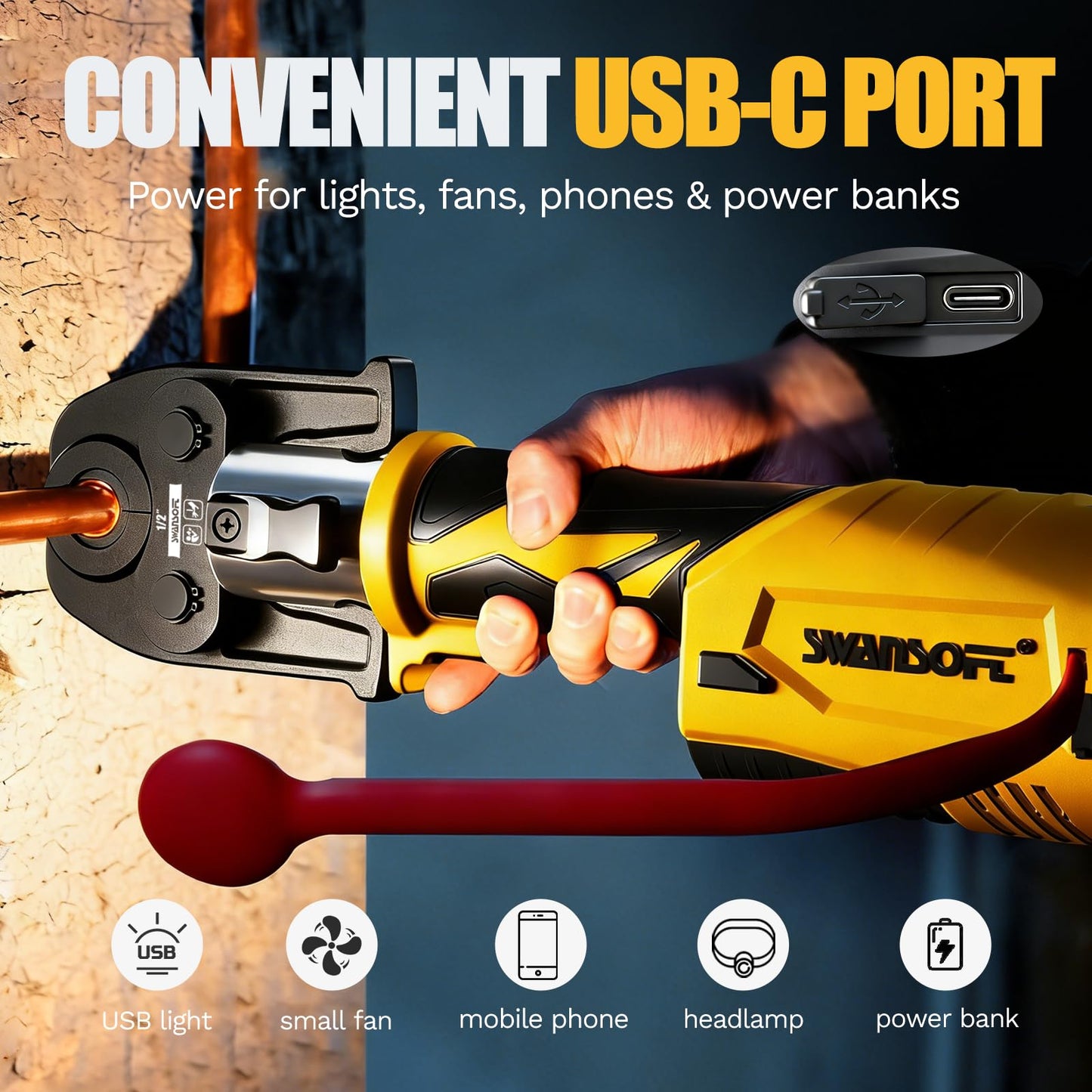 SWANSOFT Pro Press Tool, 18V 4Ah Battery Electric Hydraulic Crimping Tool for Copper Pipes with 3 US Compact VUS 1/2", 3/4'', 1",Jaws Pro Press Copper Plumbing Crimper Tool Kit (SWPR-12522Y)