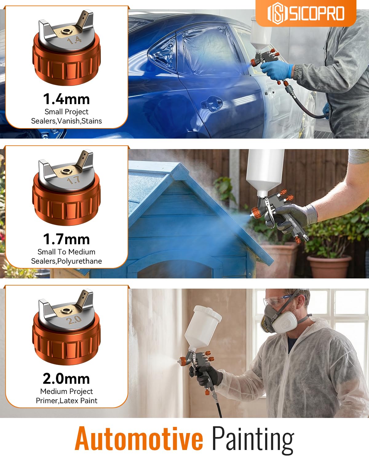 SICOPRO Car Painting Gun, HVLP Paint Sprayer Gun for Painting Cars, House Painting, Paint Guns Automotive, 1.3/1.5/1.7mm High-Precision Nozzles, Varnish and Top Coat