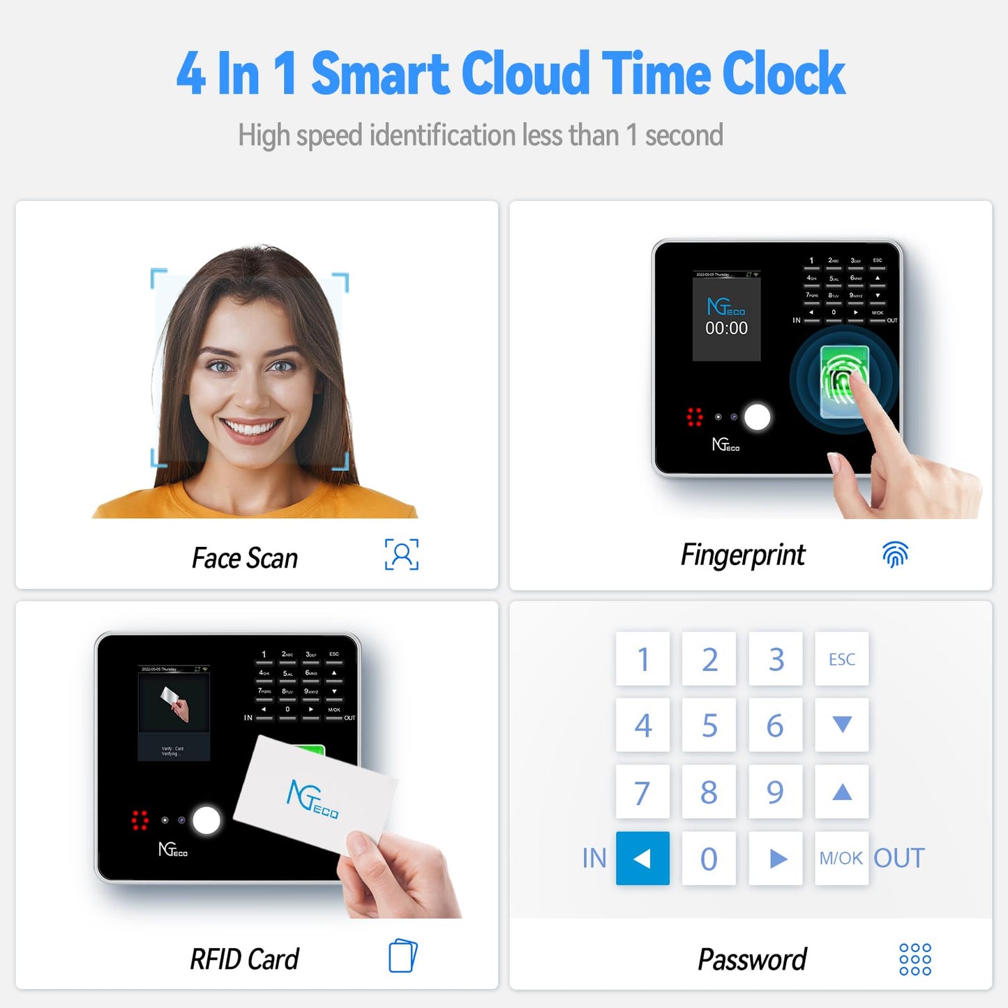 NGTeco Cloud-Based Time Clock for Small Business, 2.4GHz WiFi Attendance Machine with Remote Access, Free Software & iOS/Android App, Employee Punch Card System with RFID Cards, No Monthly Fee