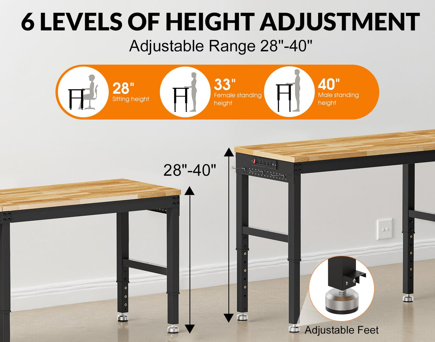 MUWOOD 96” Heavy Duty Work Bench, 2-Layer Adjustable Workbench, 5000 LBS Capacity Work Bench with Power Outlet & Pegboard, Rubber Wood Work Table for Garage, Workshop, Office, Home