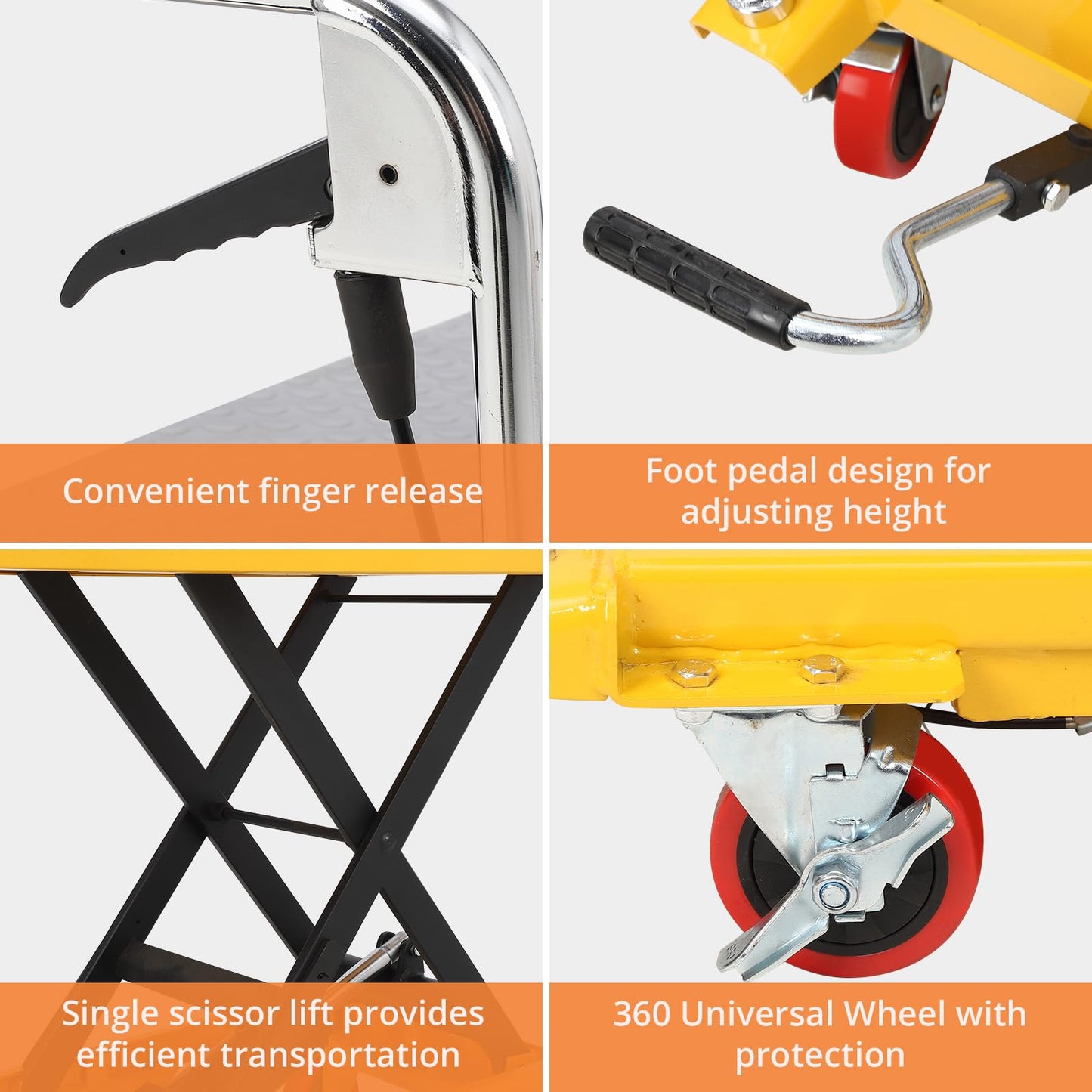 Heavy Duty Hydraulic Lift Table Cart for Stairs – 500 lbs Capacity, Single Scissor Manual Lifting, 28.5" Max Height, Non-Slip Platform, 4 Wheels for Safe Material Handling and Transportation