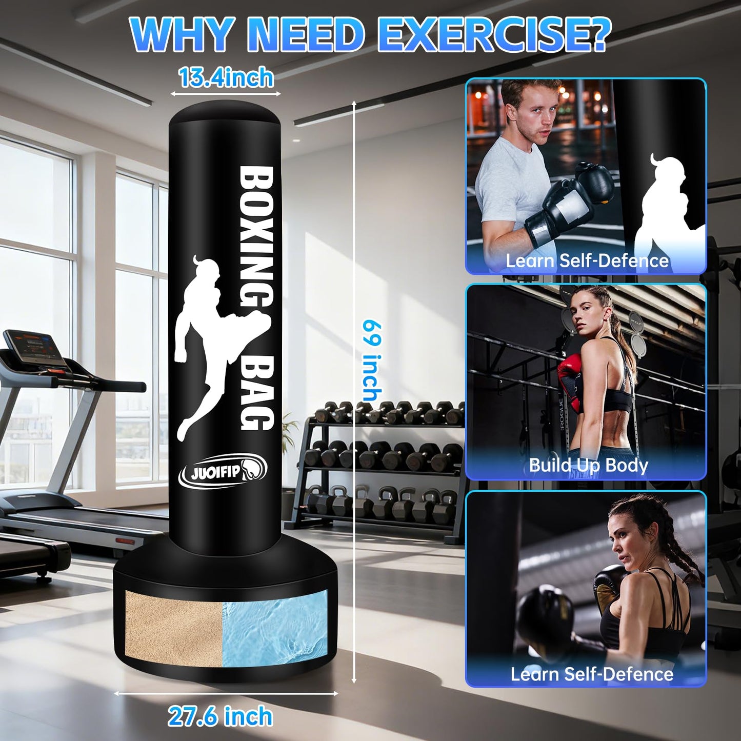 Standing Punching Bag for Adults, Boxing Bag with Stand for Stress Relief & Home Gym, Kicking Bag for MMA Training, Includes Boxing Gloves, Electric Air Pump, Grip Trainer, Jump Rope & Band