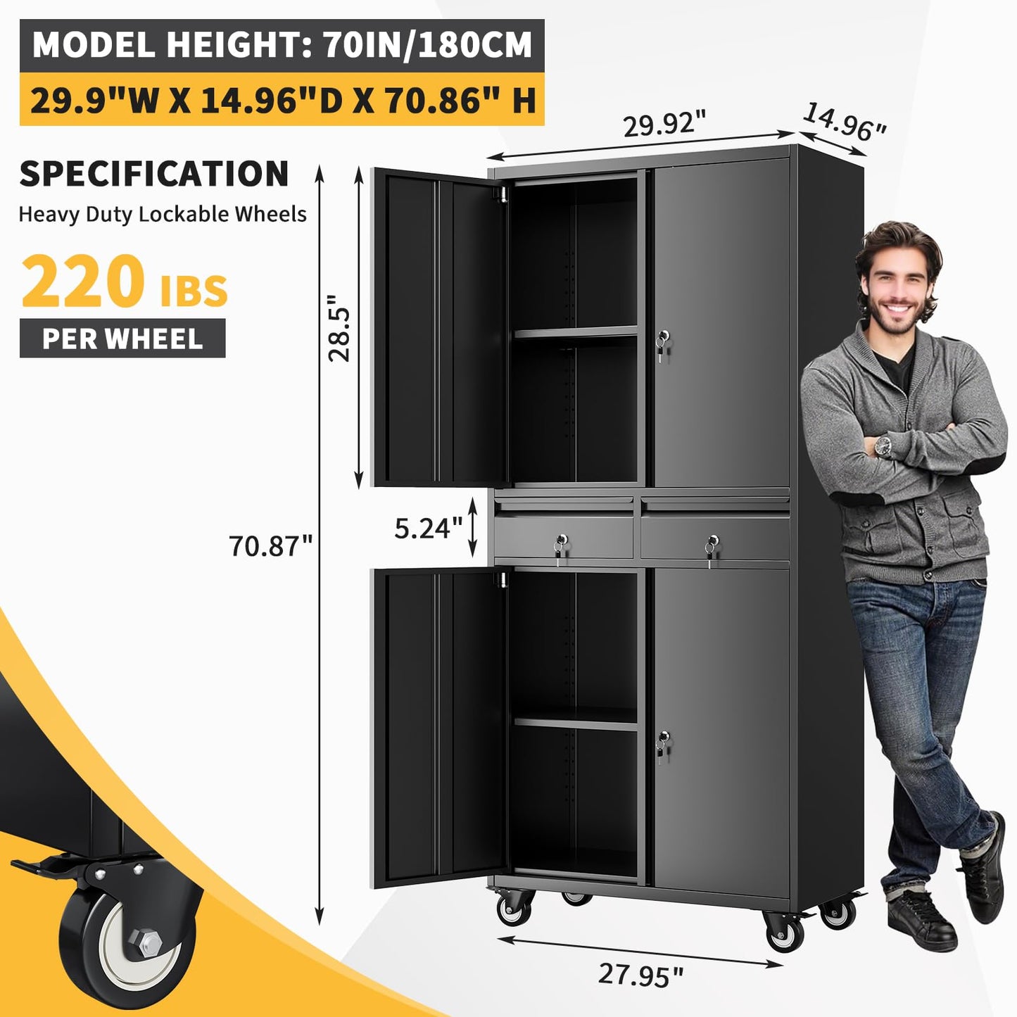 MegaChoice 73in Metal Garage Storage Cabinet with Wheels, Locking Doors, 2 Deep Drawers & 2 Adjustable Shelves, Rolling Garage Tool Organizer & Steel Cabinet for Workshop, Office, Home Organization