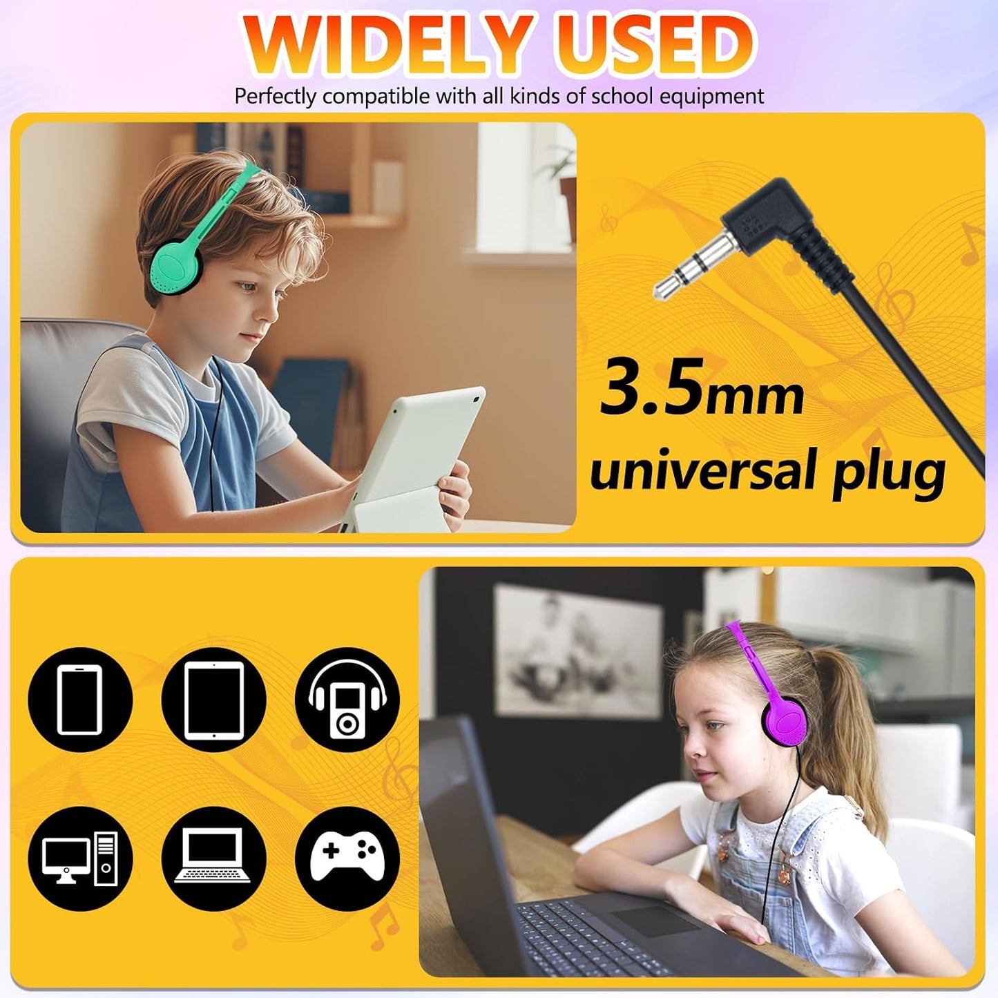Set 20 Pack 3.5 mm Class Headphones for Kids Students School Classroom Bulk Headphones Adjustable with Jack for Library