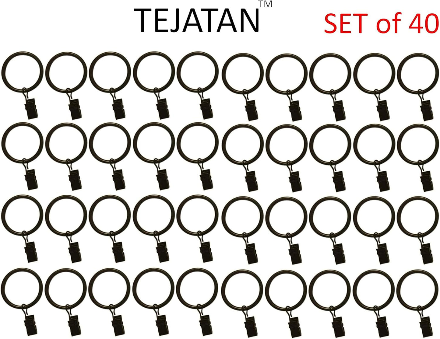 Skiennix Metal Curtain Rings - 1.5-Inch Set of 40 Black Clip Rings with Eyelets for Drapery