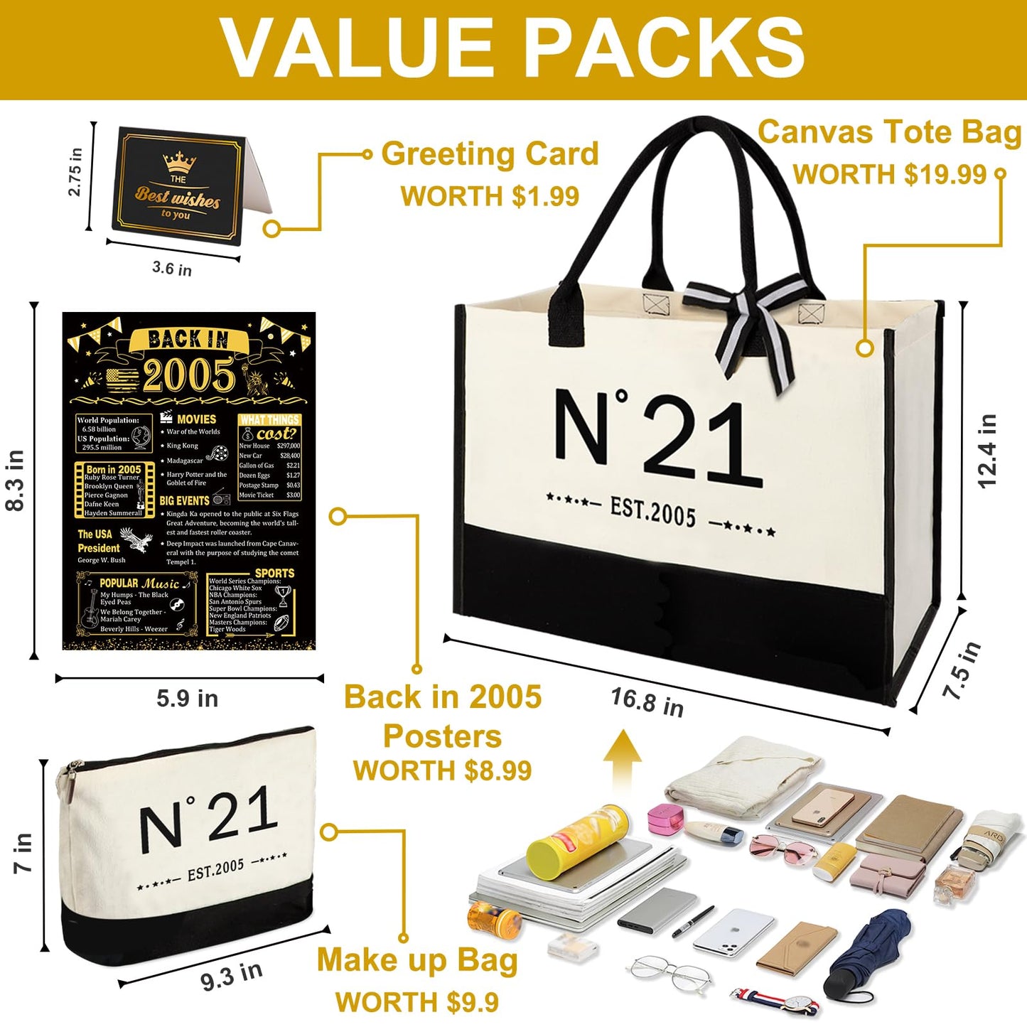 YeohJoy 21st Birthday Gifts for Her Reusable Grocery Bag, Unique 21 Years Old Birthday Gifts for Daughter Friends Girlfriend Classmates Sister Her, EST.2005 Bag & Makeup Bag & Back in 2005 Poster