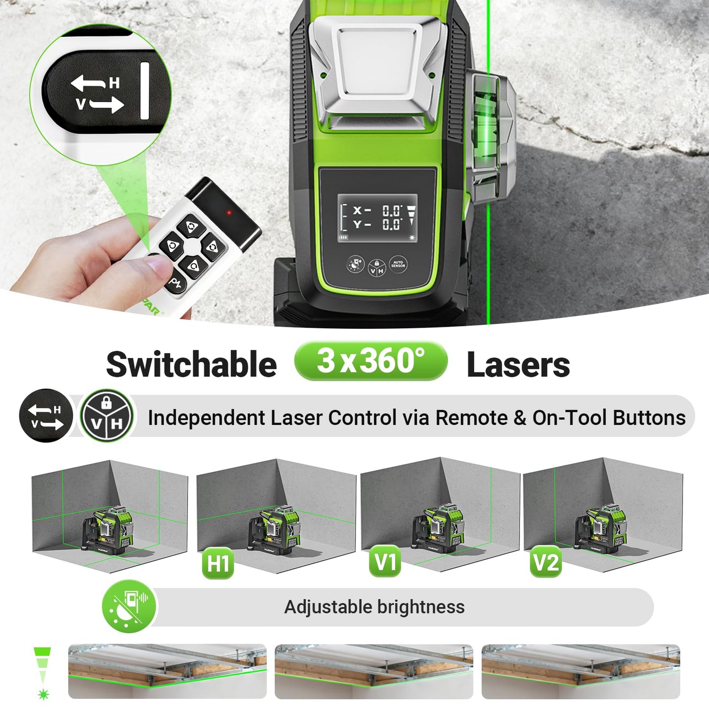 Huepar 2026 Upgraded 360 Laser Level with Electric Fine Adjustment Rotating Base, Fixed-Point Pivot Alignment, Remote Control, Rechargeable, 1/13" High Accuracy Self Leveling Lazer Leveler, Pluse Mode