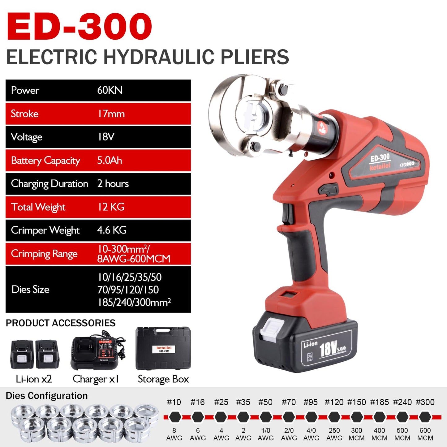 ketailei 6 Ton Electric Hydraulic Crimper, 5.0Ah High-Capacity Battery, Smart Chip Protection, Oil-Resistant Cable Lug Crimping Tool for 6AWG-600MCM Copper Terminals, Industrial Use（ED-300）