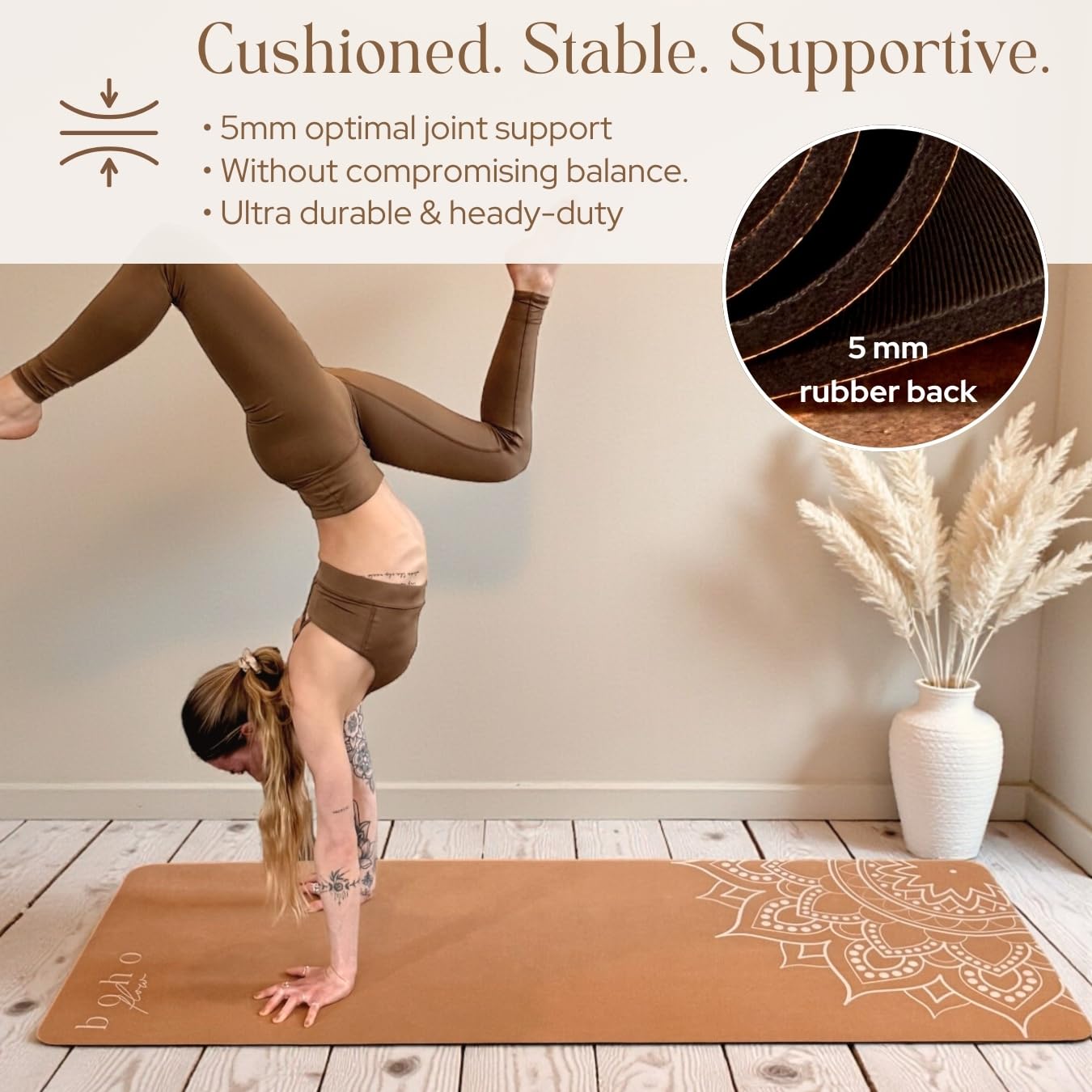 Boho Flow Aesthetic Cork Yoga Mat 72” x 26” – Elegant Signature Mandala Design on Quality Portuguese Cork with 5mm Solid Tree Rubber Base for Lasting Stability – Non Slip Grip, Odor Free and Non Toxic – Includes Carry Strap