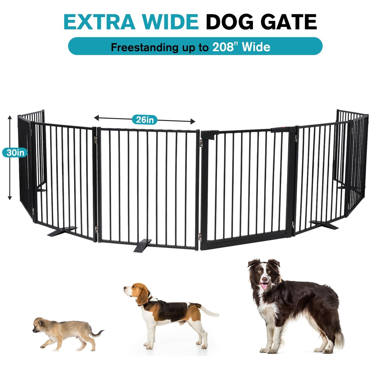 Snagle Paw Extra Wide Dog Gate,Free Standing Dog Fence with Door, Up to 208 Inch Wide Pet Gate with Support Feet for Stairs, Hallways, Doorways, Yard (Black, 8 Panels)