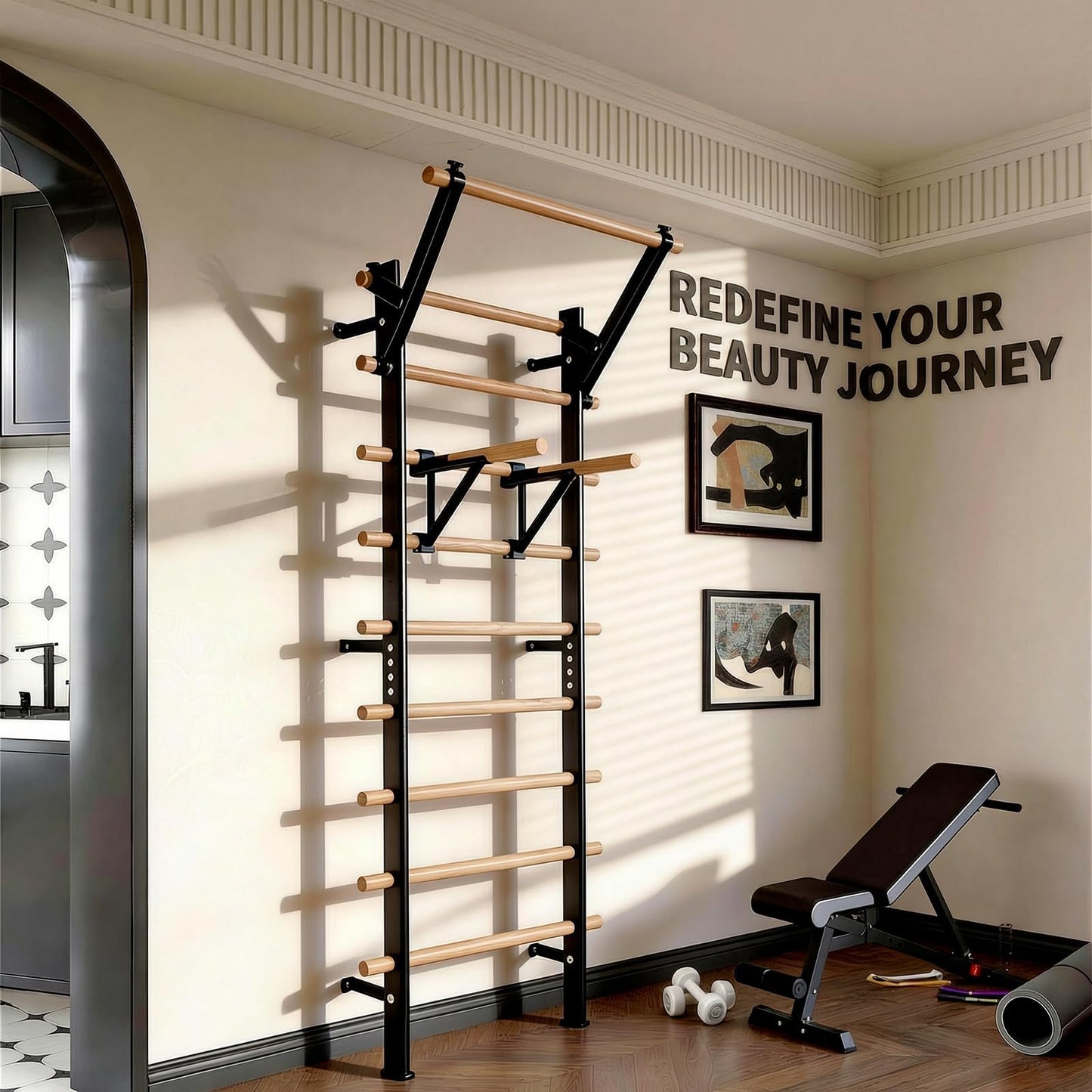 GMWD Swedish Ladder, Wood Stall Bar, Suspension Trainer with Pull-Up Bar and Dip Bar Attachments, Wooden Stall Bar with 9 Strategic Rods for Core Strengthening and Stretching Balanced