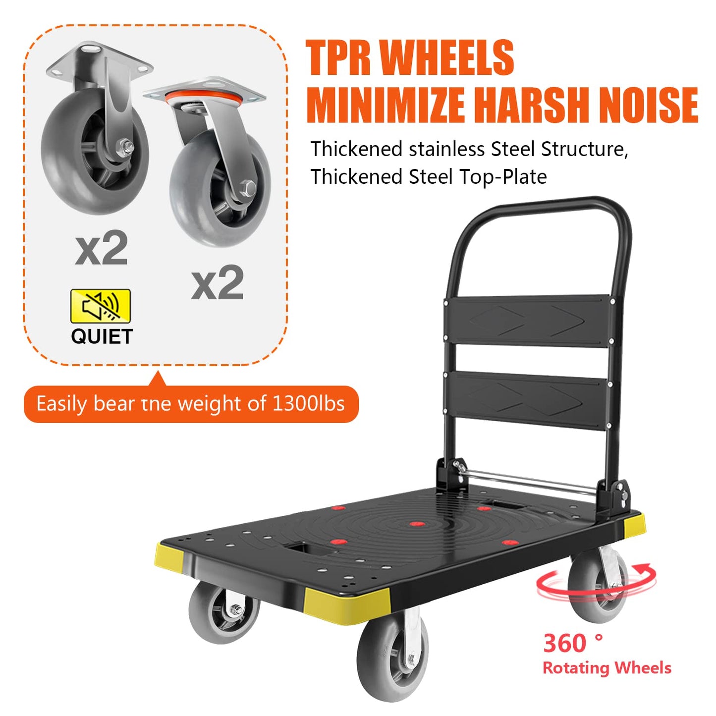 Chinco Star Folding Push Cart Dolly - 1300LBS Heavy Duty Portable Moving Dolly with 360 Swivel 6'' Wheels (35L x24W x40H in)