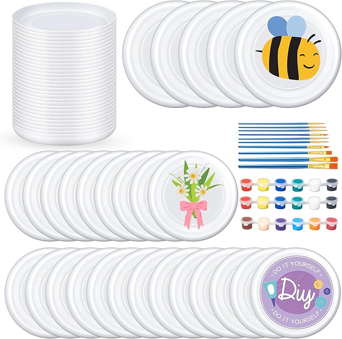 Tenceur 36 Pcs DIY Plastic Flying Disks Bulk 7 Inch Color Your Own White Flying Disc with 10 Paintbrushes and 3 Paints for Party Favors and Crafts Fun Home Activities Games