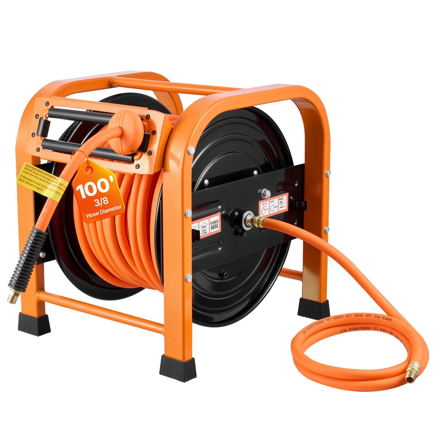 VEVOR Retractable Air Hose Reel, 3/8 Inch x 100 FT PVC Air Hose Max 300PSI, Auto Rewind Air-Compressor Hoses Reel with 5 ft Lead in, Portable Freestanding Heavy Duty Steel Reel for Garages Workshops