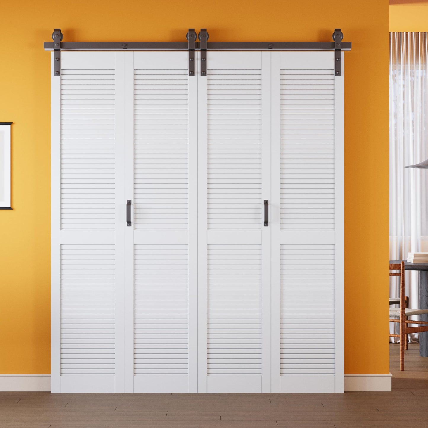 Bifold Barn Door 72" (36" x 2) x 84" and Hardware Included Handle, MDF Panel PVC Surface Bi Fold Barn Door for Closet Pantry Laundry, White Louver Bifold Sliding Closet Doors