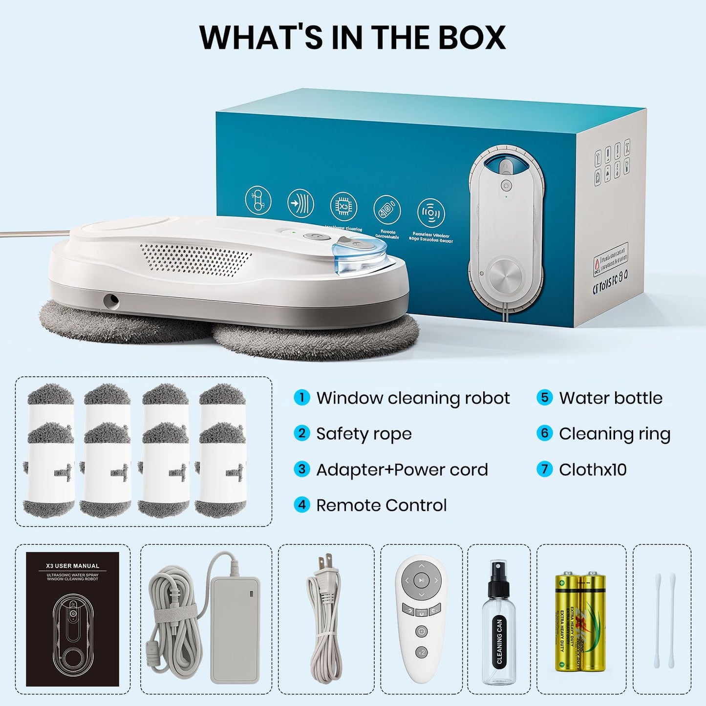 KKI Window Cleaning Robot, Auto Window Cleaner Robot, Dual Spray, Max 3200Pa, AI Path Planning & Edge Detection, Remote Control for Inside/Outside High-Rise Windows,Glass Door,8Cloths, X3 (White)
